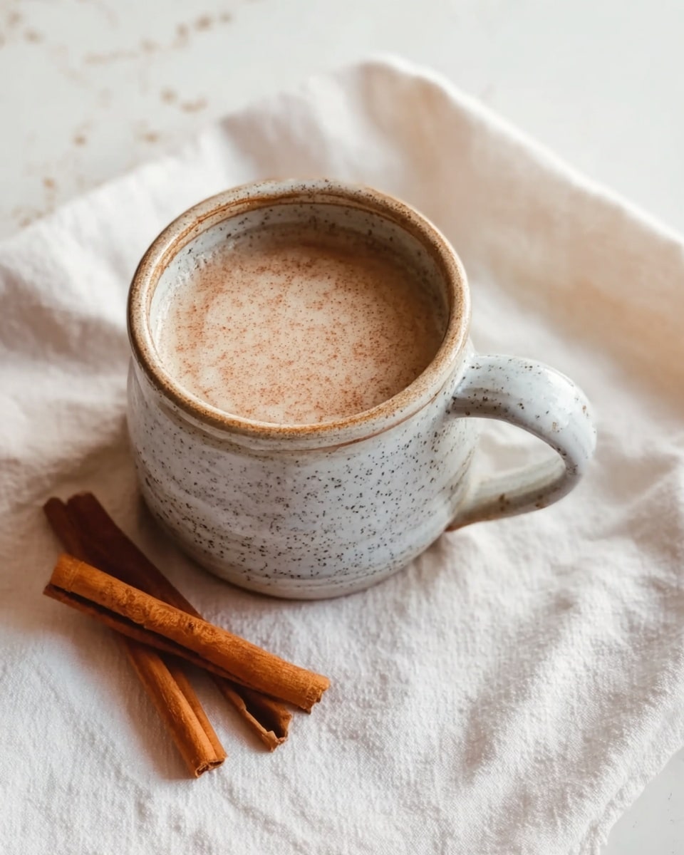 A speckled mug filled with a light brown creamy drink sits on a soft white cloth. Two cinnamon sticks, rich brown and textured, lie beside the mug on the cloth. The background is a white marbled surface that adds a clean and bright feel to the image. Photo taken with an iphone --ar 4:5 --v 7