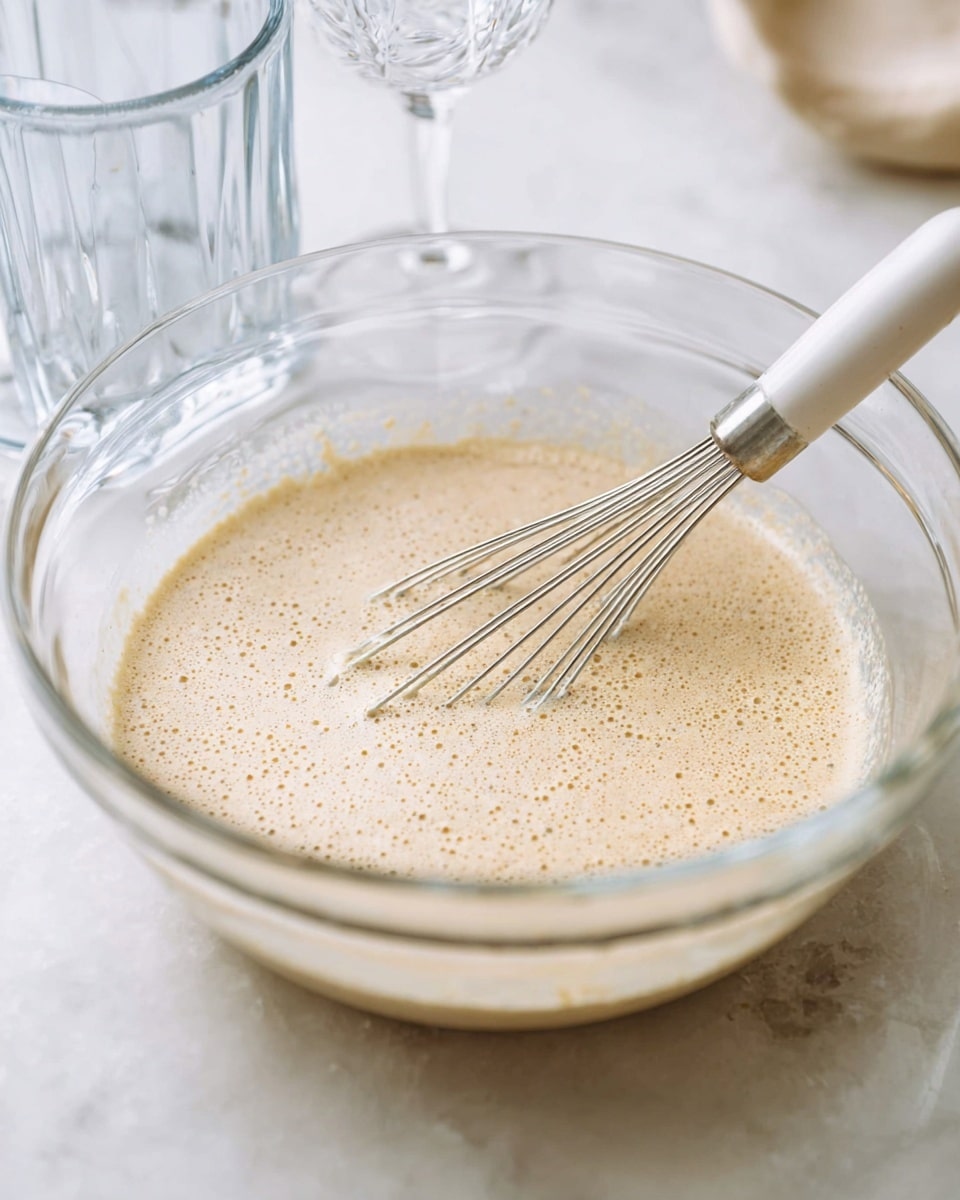 A clear glass bowl filled with a light beige, bubbly liquid batter with a slightly frothy texture. A metal whisk with a white handle rests inside the bowl, partially submerged in the mixture. The bowl is set on a white marbled surface, with parts of two empty clear glasses softly blurred in the background. The scene has soft, natural lighting. photo taken with an iphone --ar 4:5 --v 7