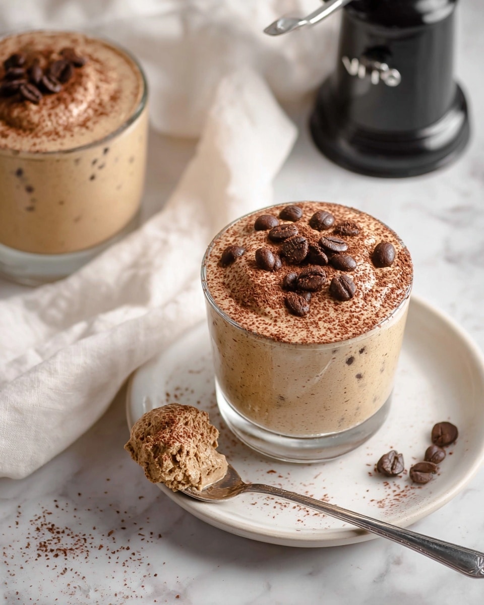 The image shows two clear glass cups of light brown coffee mousse with a creamy, smooth texture on top. Each mousse is sprinkled with fine dark brown cocoa powder and decorated with whole dark brown coffee beans. One cup sits on a white plate with a silver spoon resting inside, scooping up some mousse, revealing its soft texture. The background is a white marbled surface, with a black coffee grinder and a white cloth adding to the scene. Photo taken with an iphone --ar 4:5 --v 7