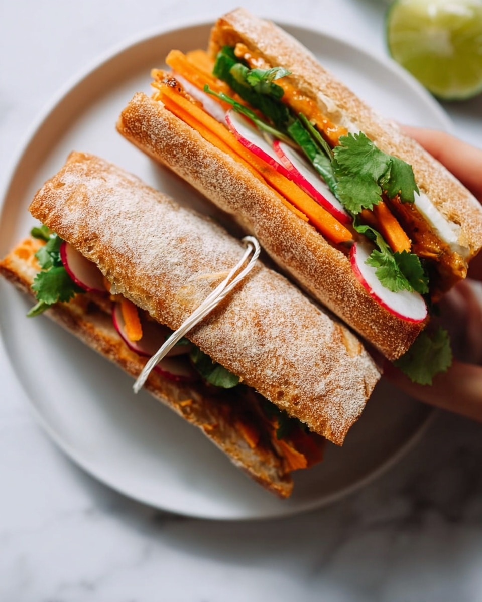 The image shows a sandwich cut in half and tied with a thin white string, placed on a white plate. The sandwich has a crusty light brown bread with a textured surface. Inside, there are layers of bright orange carrot strips, green cilantro leaves, and red slices of radish. The sandwich is set on a white marbled surface, with a lime wedge partially visible in the top right corner. A woman's hand is gently holding one half of the sandwich. photo taken with an iphone --ar 4:5 --v 7