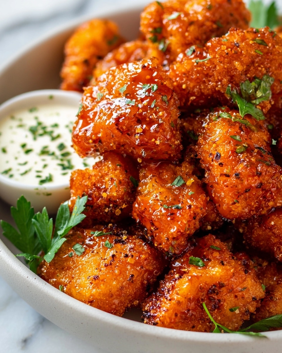 The image shows a close-up of golden-brown crispy chicken pieces coated with a shiny reddish-orange sauce that gives them a slightly glossy look. Each piece has a crunchy texture with visible seasoning specks on the surface. These chicken pieces are piled together in a white bowl with some fresh green parsley leaves scattered around for garnish. To the left edge of the bowl is a white dipping sauce with green herbs sprinkled on top. The entire dish rests on a white marbled surface. Photo taken with an iphone --ar 4:5 --v 7