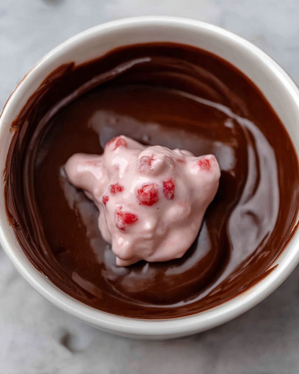 A close-up shot of a white bowl filled with a smooth, thick dark brown chocolate sauce. In the center, there is a dollop of light pink whipped cream or mousse with small bright red berry pieces mixed in. The chocolate sauce covers the bottom and sides of the bowl, creating a rich, glossy texture that contrasts with the soft, airy texture and pale color of the pink topping. The bowl sits on a white marbled surface. Photo taken with an iphone --ar 4:5 --v 7