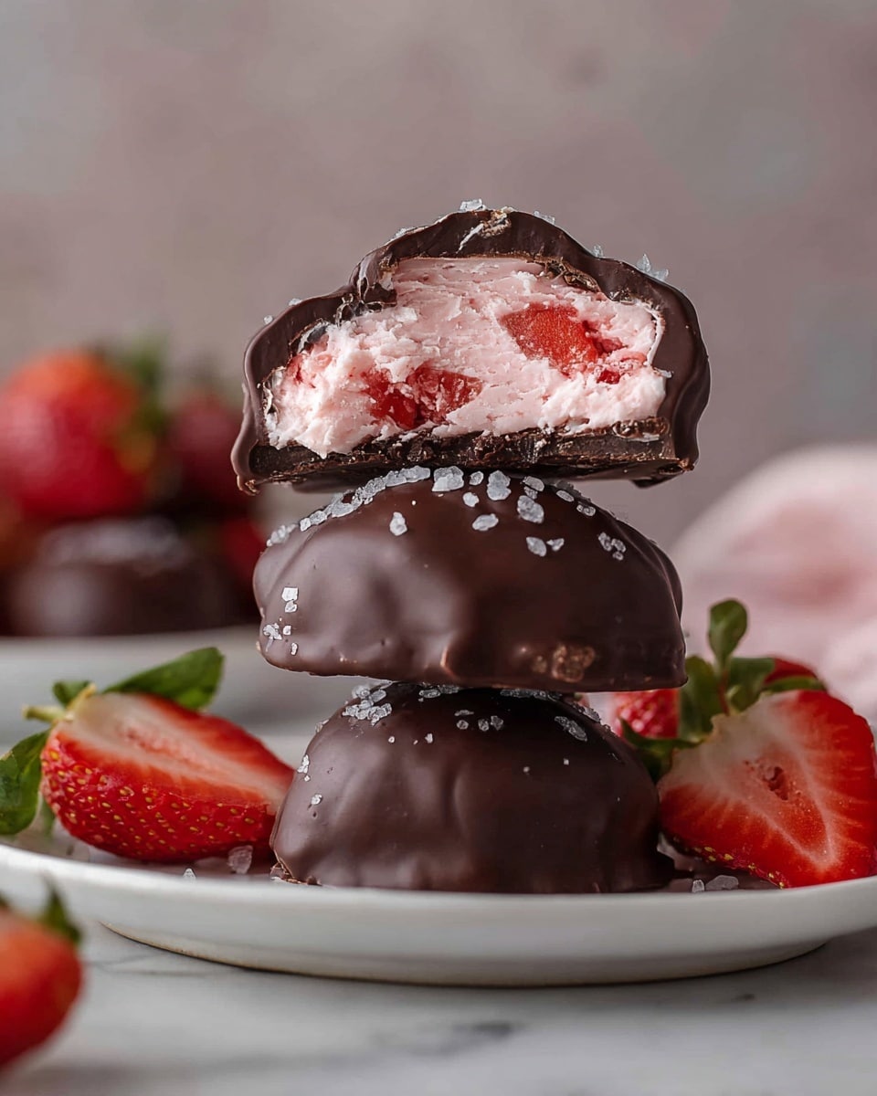 A stack of four chocolate-covered strawberry treats sits on a white plate with a white marbled surface below. At the top is a strawberry treat split in half, showing three layers: a thin dark chocolate outer shell, a thick fluffy pink cream layer with bright red strawberry pieces inside. Below the halved treat are three round strawberry chocolate pieces with smooth, glossy dark chocolate coating that has some small salt flakes sprinkled on top. Around the plate, there are fresh halved strawberries with green leaves. The background is softly blurred with muted colors. Photo taken with an iphone --ar 4:5 --v 7