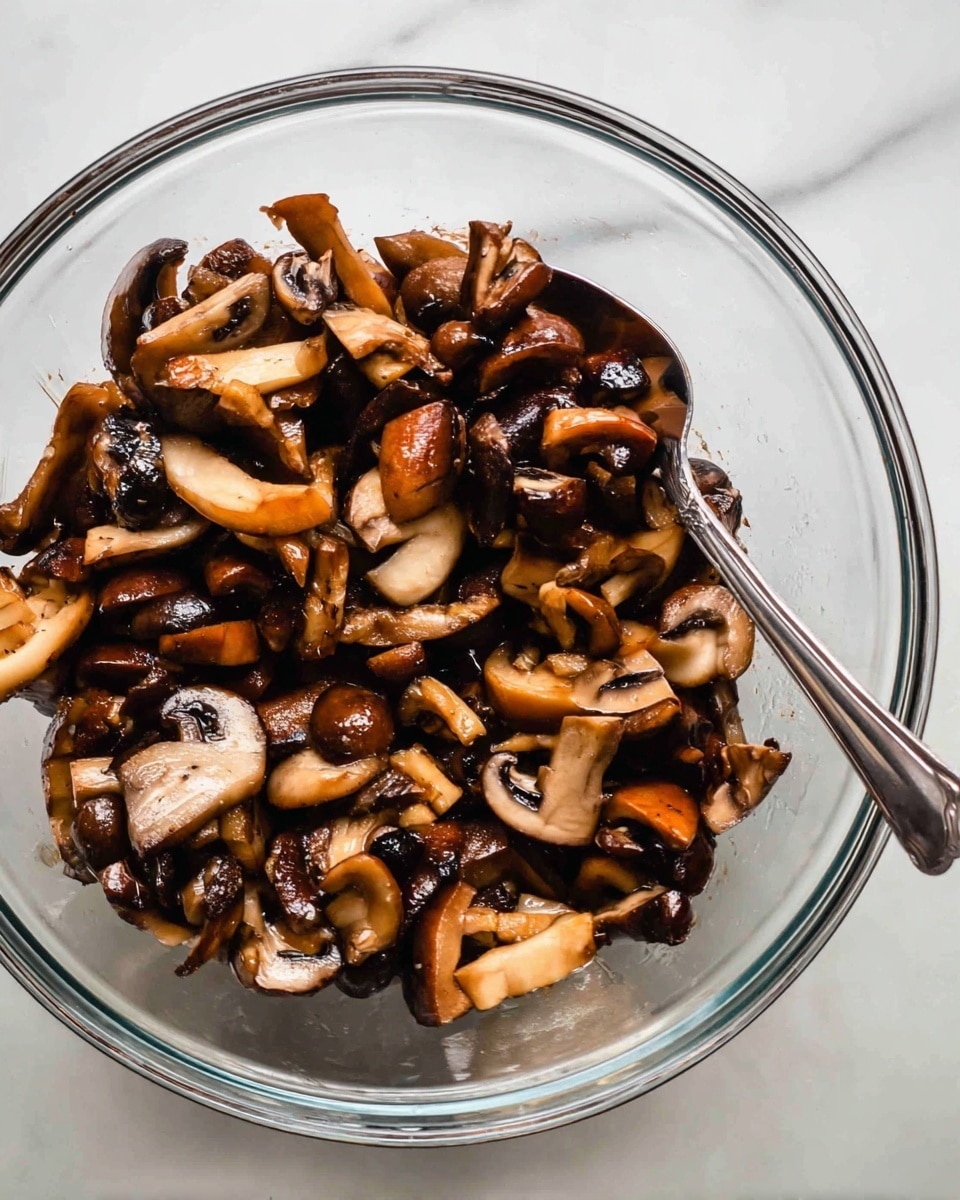 A clear glass bowl filled with cooked mushroom pieces in various sizes, showing dark brown, golden, and beige tones with a shiny texture from cooking. A silver metal spoon is visible inside the bowl on the right side. The bowl is placed on a white marbled surface. photo taken with an iphone --ar 4:5 --v 7