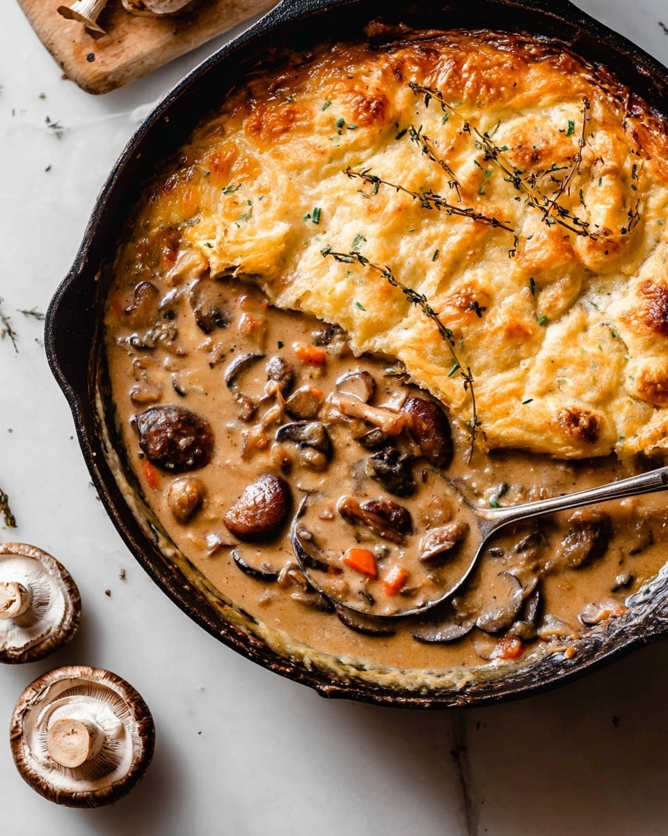 A black skillet filled with a creamy mushroom stew, showing chunks of brown and orange mushrooms in a light brown sauce. On the left side, there are two golden-brown, bubbly baked layers with melted cheese crust on top. A metal spoon is inside the stew, resting on the edge of the skillet. The skillet sits on a white marbled surface with two whole mushrooms placed nearby. Photo taken with an iphone --ar 4:5 --v 7