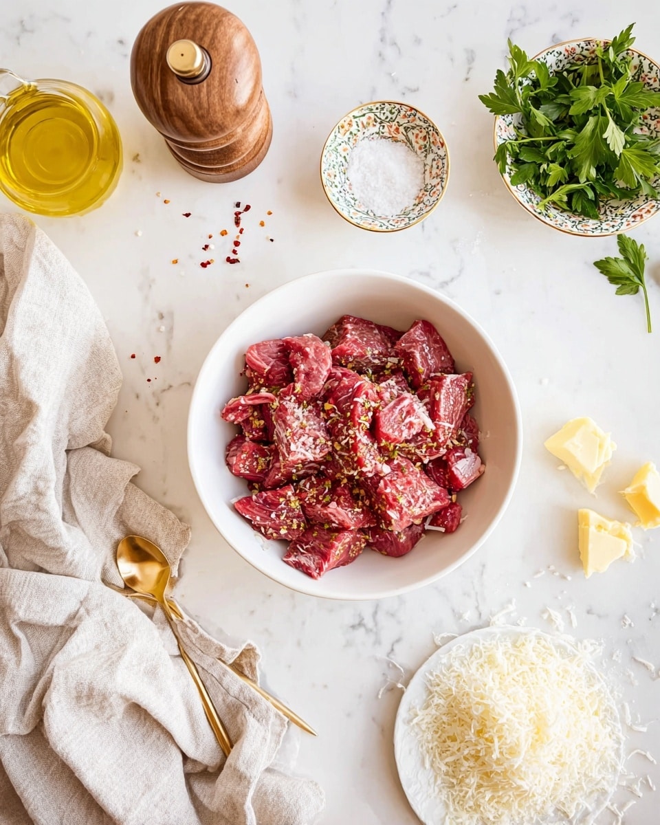 A white bowl filled with medium-sized chunks of raw red meat sprinkled with red chili flakes and coarse salt sits center on a white marbled surface. To the top right, there is a small patterned bowl holding fresh green parsley leaves laid loosely. Next to it, two small dollops of pale yellow butter are placed on the marbled surface. At the bottom right, a white plate holds a pile of finely grated white cheese next to a wedge of the same cheese. On the left side, a wooden pepper grinder and a small white bowl filled with coarse salt and a gold spoon rest beside a beige linen cloth casually spread out. A glass container with golden olive oil is also partially visible in the top left corner. Photo taken with an iphone --ar 4:5 --v 7