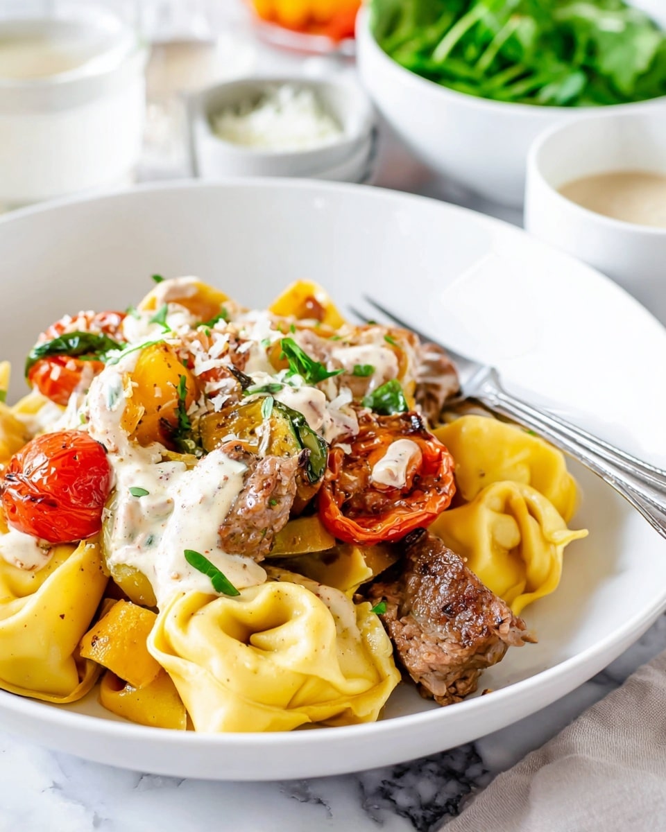 A white plate holds a colorful pasta dish with three visible layers: the bottom layer is yellow tortellini pasta with a smooth, soft texture; the middle layer has chunks of brown cooked meat and bright red roasted cherry tomatoes; the top layer is creamy white sauce with small black and green herb specks, lightly draped over the pasta and meat. Garnishing the dish are small green parsley leaves and some grated white cheese scattered on top. In the background, a white bowl with extra sauce and a white bowl with fresh green leafy herbs are placed on a white marbled surface, alongside a silver fork resting on the plate. Photo taken with an iphone --ar 4:5 --v 7