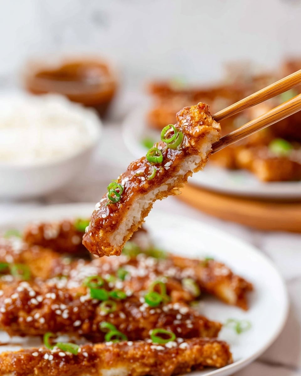 A close-up of a single golden-brown crispy fried stick coated with a thick light brown sauce, sprinkled with white sesame seeds and small green onion slices, held by a pair of wooden chopsticks against a white marbled background; below, a white plate shows more sauce-coated crispy sticks garnished with green onions, while in the blurred background another white plate holds even more sticks, and a small white bowl filled with white rice sits nearby. photo taken with an iphone --ar 4:5 --v 7
