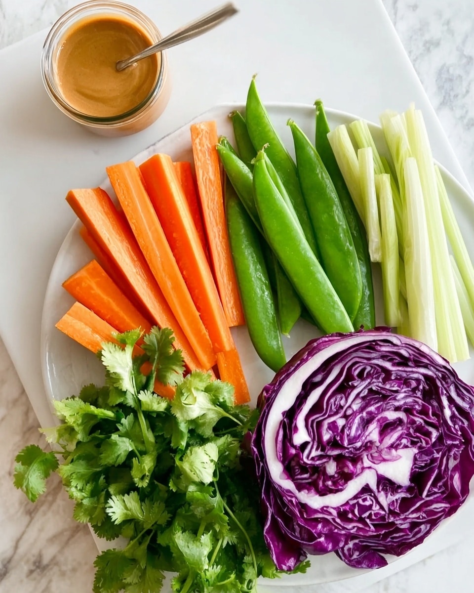 The image shows a white plate on a white marbled surface holding fresh vegetables and a small glass container of sauce. From left to right, there are five long, bright orange carrot sticks, followed by a row of green, smooth-textured snow peas placed vertically. Next, there are several thin, crisp light green stalks, and on the far right, a bunch of fresh green cilantro with delicate leaves. In front of the vegetables, a half purple cabbage shows its layered purple and white interior. At the top left corner, a woman's hand holds a small clear glass cup filled with creamy brown sauce that has a smooth texture with some streaks on the surface. Photo taken with an iphone --ar 4:5 --v 7