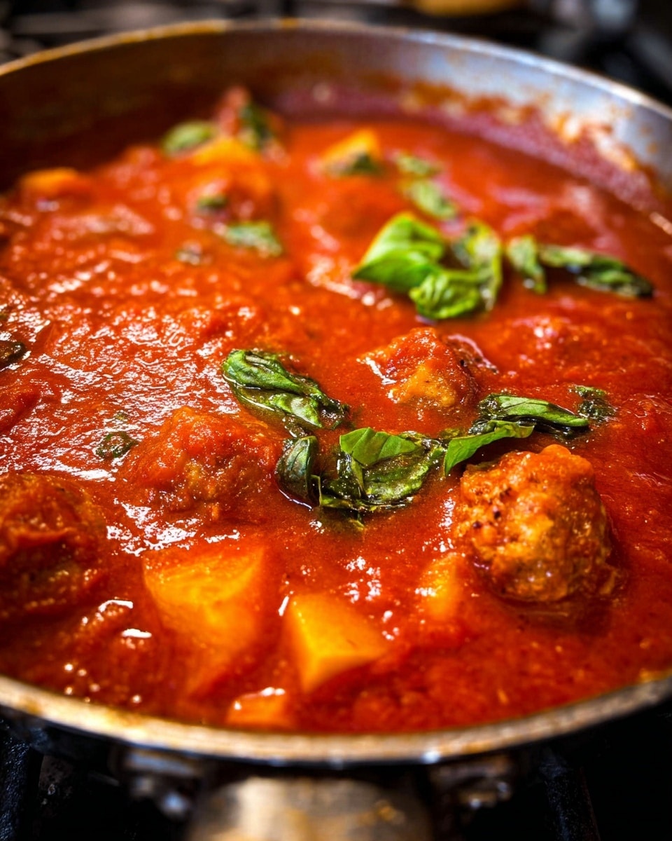The image shows a close-up of a deep pan filled with thick, bright red tomato sauce. Within the sauce, there are chunks of orange carrot, pieces of white onion, and browned meatballs with a textured surface. At the top edge of the pan, several fresh green basil leaves float gently on the sauce. The pan itself is metallic with a dark handle, resting on a stove. The scene is detailed with bubbles and a glossy shine on the sauce, showing it is hot and simmering. Photo taken with an iphone --ar 4:5 --v 7