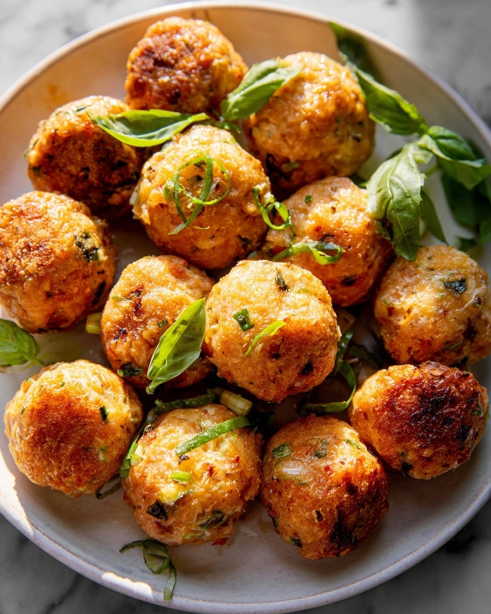 The image shows a white plate filled with round, golden-brown balls that have a slightly crispy texture and small bits of green herbs and vegetables inside. The balls are arranged closely together, and some fresh green basil leaves are placed on top and around them. The plate sits on a white marbled surface, and the light highlights the shiny, slightly oily texture of the balls, making them look warm and fresh. photo taken with an iphone --ar 4:5 --v 7