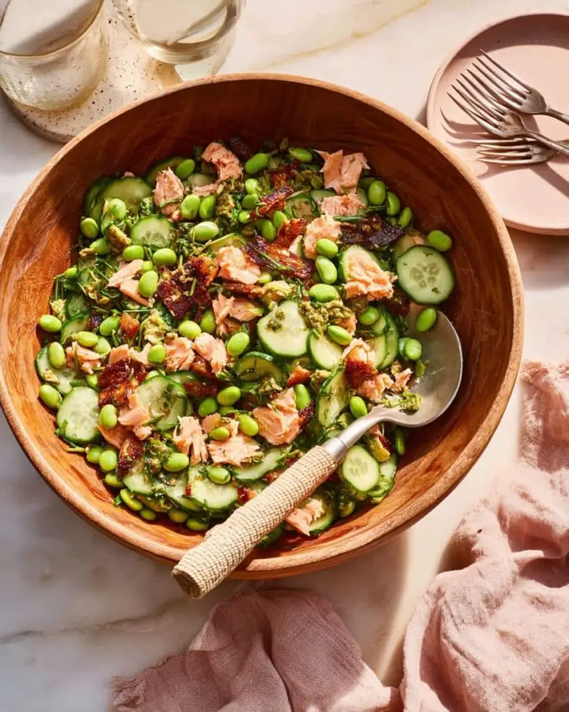 Crispy Rice Salmon Cucumber Salad with Creamy Asian Dressing Recipe