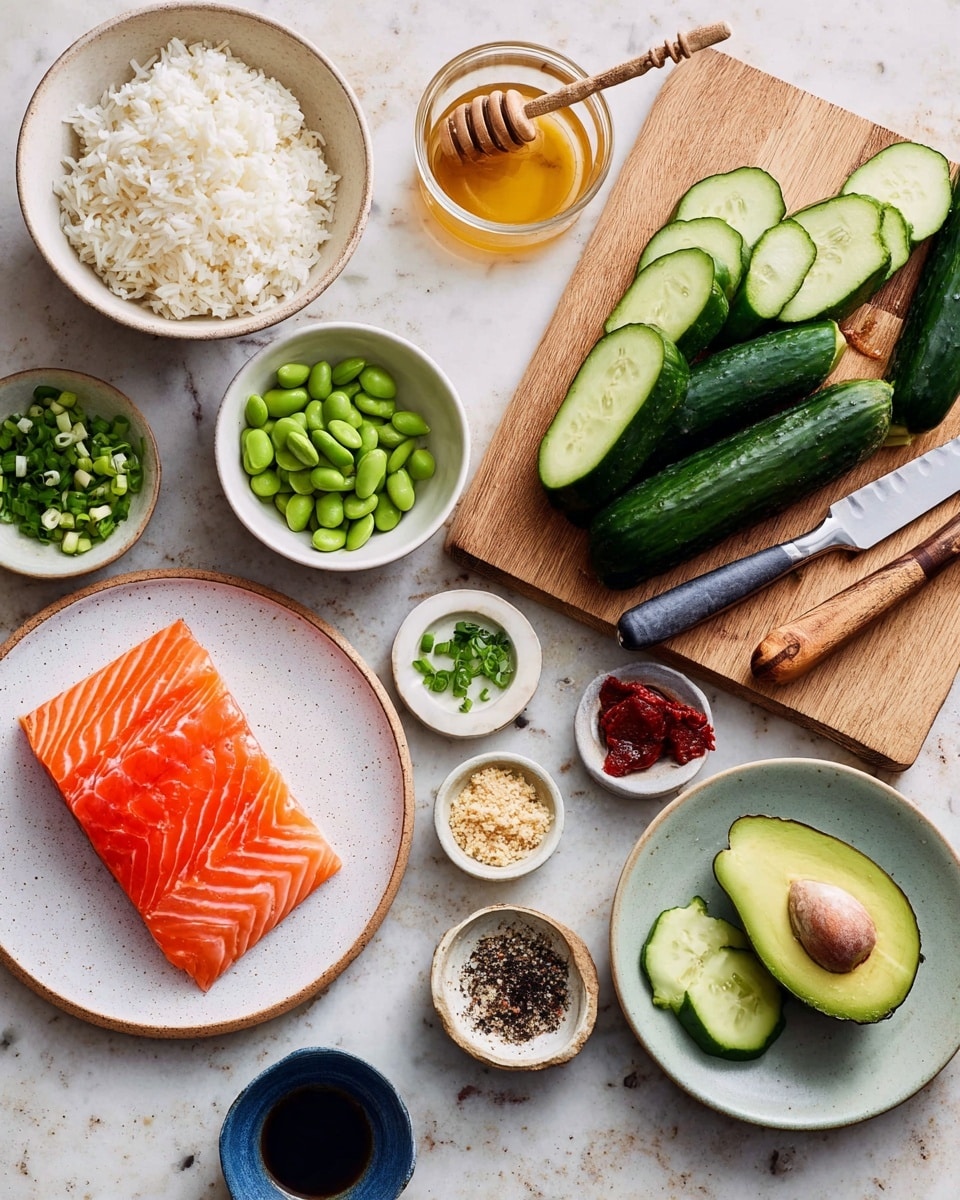 The image shows a fresh and colorful array of ingredients on a white marbled surface, ready to prepare a meal. In the lower left, a white plate holds a single thick, bright orange piece of raw salmon with visible white stripes. Above it, a white bowl filled with white rice sits next to a small glass container of golden honey with a dipper resting inside. To the right, a wooden cutting board carries several whole dark green cucumbers and neatly sliced cucumber rounds positioned near a large silver knife with a wooden handle. Around the cutting board, small white bowls contain bright green shelled edamame, dark soy sauce, a spicy red chili paste, and light beige seasoning powder. A white plate at the bottom right holds a halved avocado with light green flesh, chopped green scallions, and longer green herbs. Nearby is a small blue bowl with cracked black pepper. The whole scene has a clean, fresh feeling with ingredients ready for assembly. photo taken with an iphone --ar 4:5 --v 7