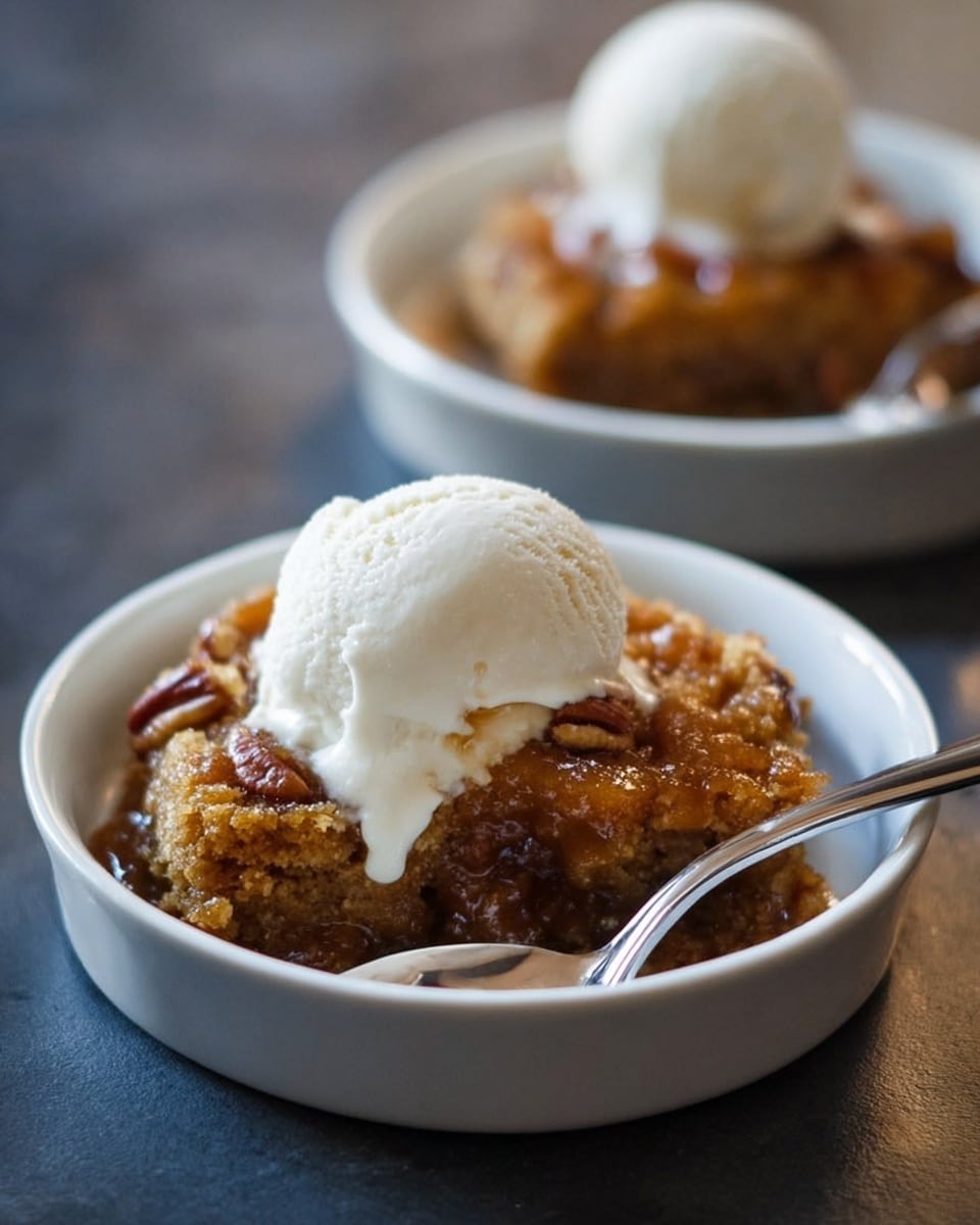 There are two white round dishes, each holding a dessert with three layers. The bottom layer is a golden-brown crumbly base with some nuts visible, mainly pecans. The middle layer is a thick, sticky, amber-colored sauce that soaks into the crumb base. The top layer is a smooth, round scoop of white vanilla ice cream that slightly melts over the warm dessert below. Next to the visible dish in front, there is a silver spoon placed inside it. The dishes are placed on a dark surface with a soft blurred background. Photo taken with an iphone --ar 4:5 --v 7