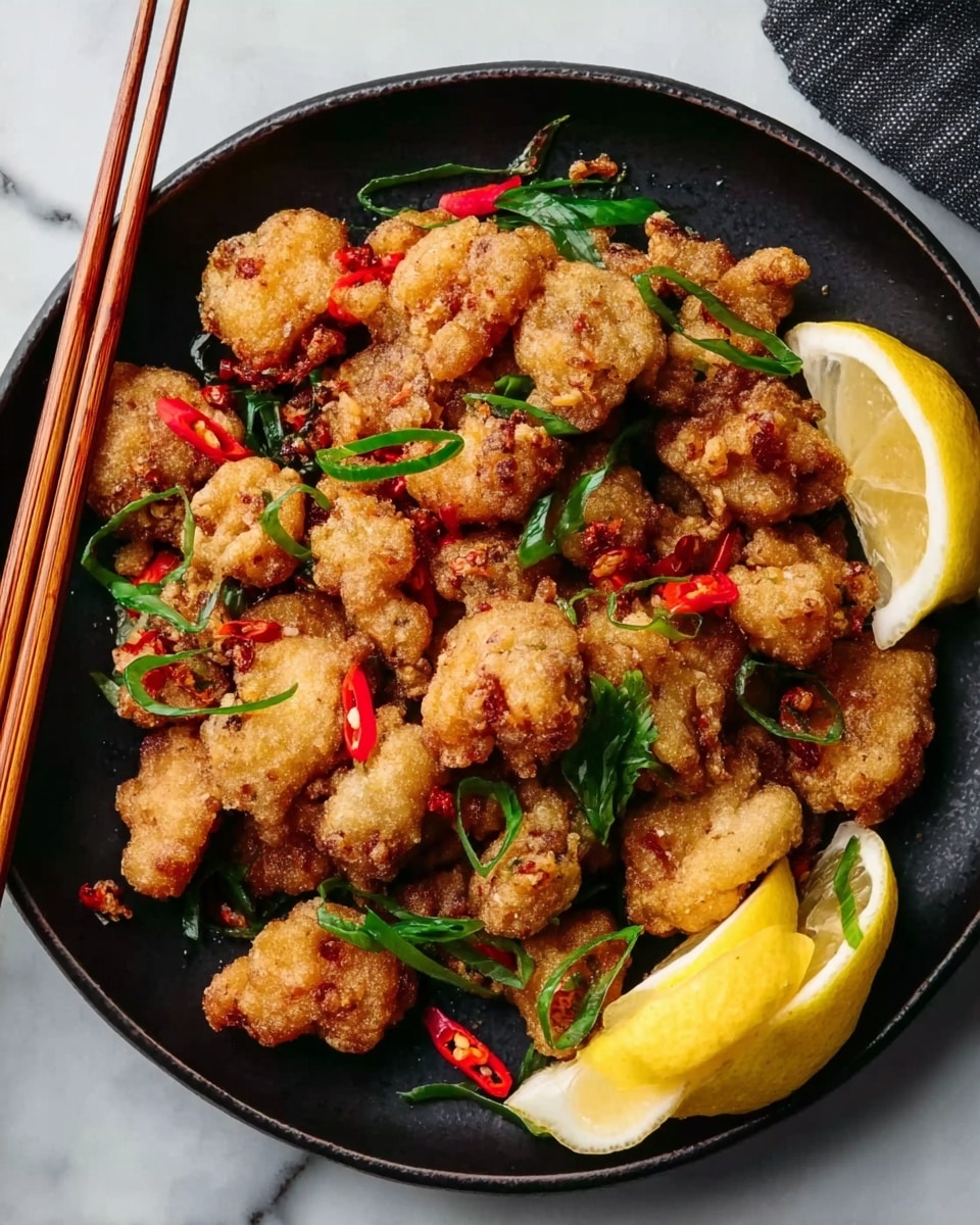The image shows a black plate filled with golden brown fried pieces that look crispy and crunchy, scattered evenly across the plate. Thin slices of bright green herbs are sprinkled over the top, and small red chili pieces add vibrant spots of color. On one side of the plate, two lemon wedges rest together, bright yellow and fresh-looking. The plate sits on a white marbled surface with a pair of wooden chopsticks placed diagonally to the left. photo taken with an iphone --ar 4:5 --v 7