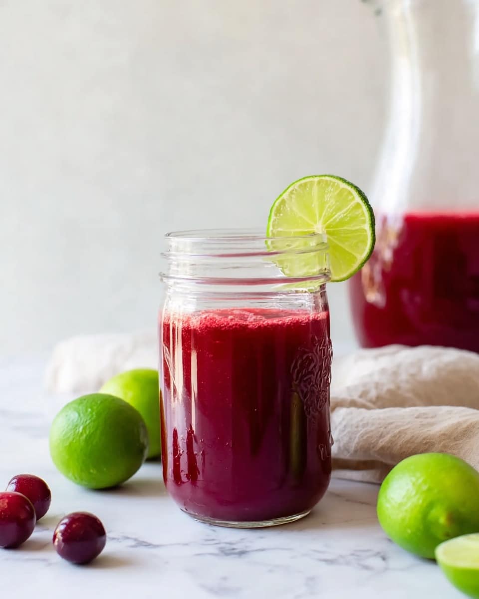 A clear glass jar filled almost to the top with a deep red juice, showing a smooth, slightly thick texture. A fresh, bright green lime slice is perched on the rim of the jar. Around the jar on the white marbled surface sit whole and halved green limes and a few shiny, dark red cherries. In the background on the right, a tall clear pitcher contains more of the same red juice, and a light, soft beige cloth sits next to it. The scene is bright and clean with soft natural light. photo taken with an iphone --ar 4:5 --v 7