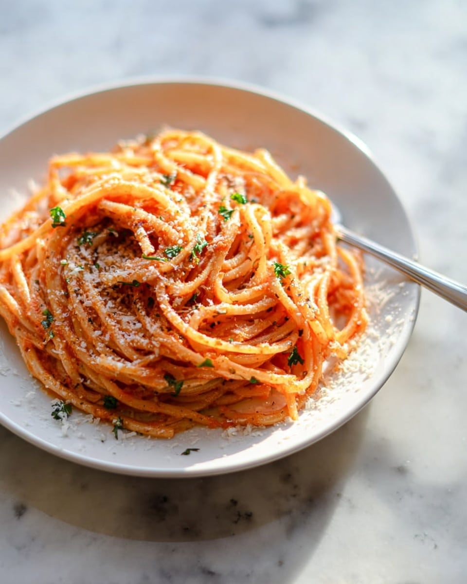 A white plate holds a pile of spaghetti layered with reddish-orange tomato sauce giving it a smooth texture all over. The pasta strands are thick and intertwined, creating a soft and tangled look. Small green parsley pieces are scattered on top, adding a fresh touch. A light dusting of white grated cheese is spread unevenly across the spaghetti and the plate edges. A silver fork is placed on the right side, partially buried in the pasta. The plate rests on a white marbled surface with soft natural light shining from the left side, creating gentle shadows. photo taken with an iphone --ar 4:5 --v 7
