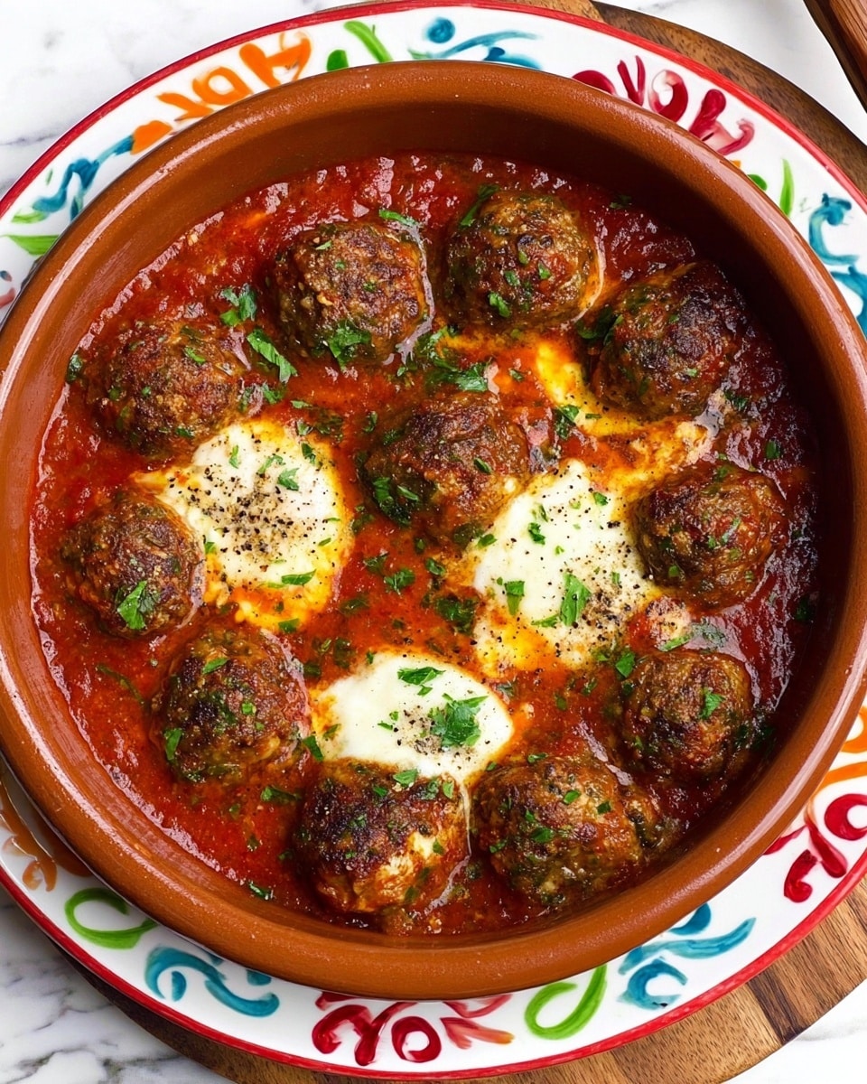 The image shows a round terracotta pot filled with a rich red tomato sauce base that has a slightly chunky texture. Within the sauce, there are about twelve evenly spaced brown meatballs with a rough surface and tiny green herb flecks. There are three dollops of melted white cheese spread across the sauce, each topped with a sprinkle of crushed black pepper and bits of green herbs. The pot is placed on a white plate with a colorful floral and swirl pattern around the rim in red, green, blue, and orange shades. The background is a white marbled surface, and part of a brown wooden board is visible under the plate. photo taken with an iphone --ar 4:5 --v 7