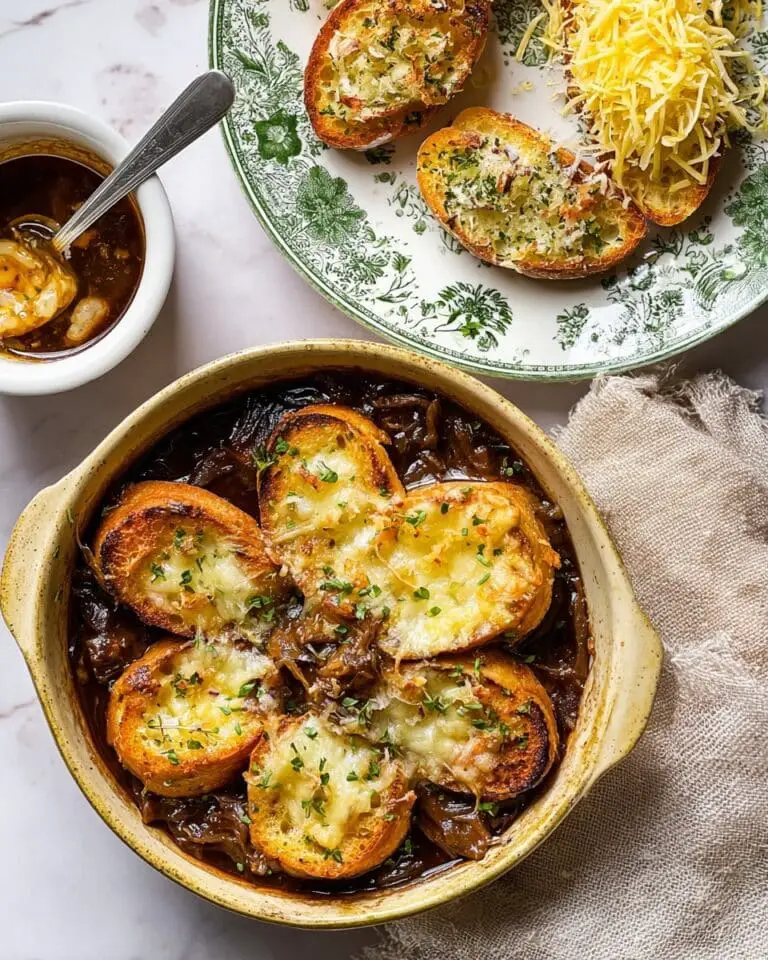 French Onion Beef Stew with Cheesy Baguette Topping Recipe