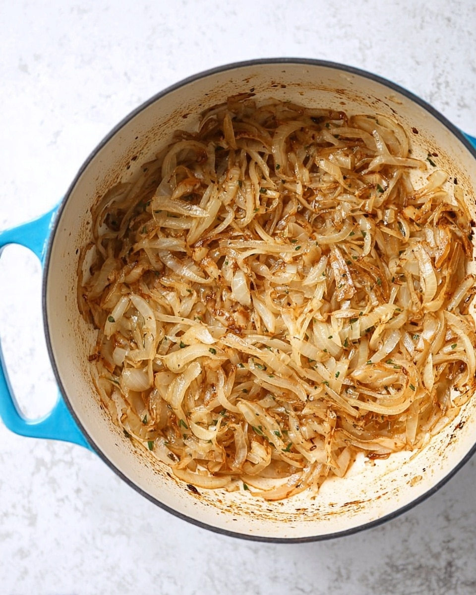 A close-up top view of a white deep pan with light blue handles filled with thinly sliced onions that are caramelized to a golden-brown color with a slightly shiny texture from cooking oil and bits of herbs visible across the layers of onions. The onions look soft, slightly wilted, and sticky with light seasoning specks, sitting evenly spread in the pan. The pan is on a white marbled textured surface, and there is no other object in the frame. photo taken with an iphone --ar 4:5 --v 7