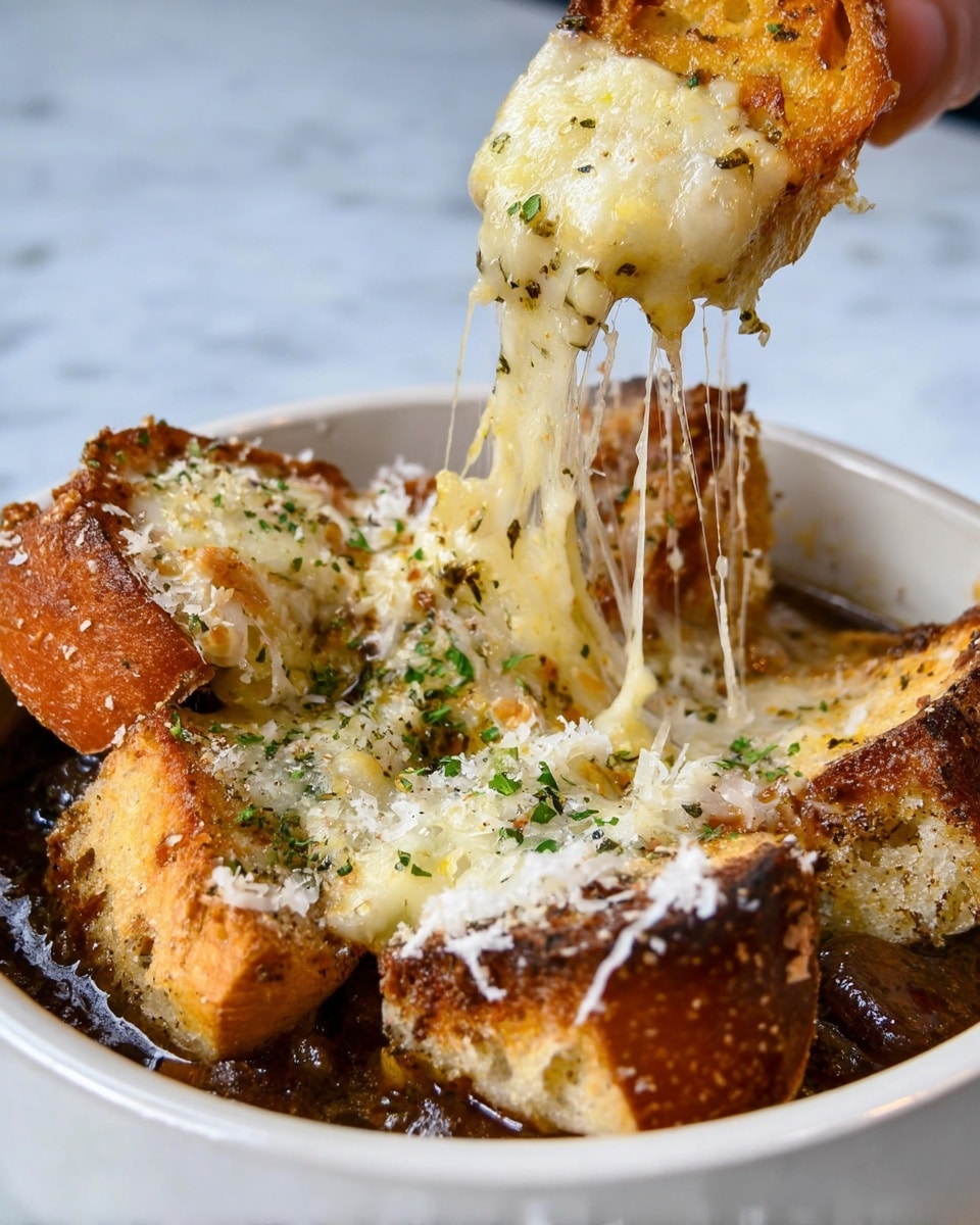 A close-up of a white bowl filled with several pieces of golden brown bread topped with melted cheese that is stringy as a woman's hand lifts one piece. The cheese is creamy white with a slightly yellow tint and sprinkled with small green herb bits and black pepper. Underneath the cheese are crispy, toasted bread pieces with a rough texture, some browned edges, and a light dusting of grated cheese, set against a blurry background of thick dark sauce or stew. The bowl sits on a white marbled surface. photo taken with an iphone --ar 4:5 --v 7