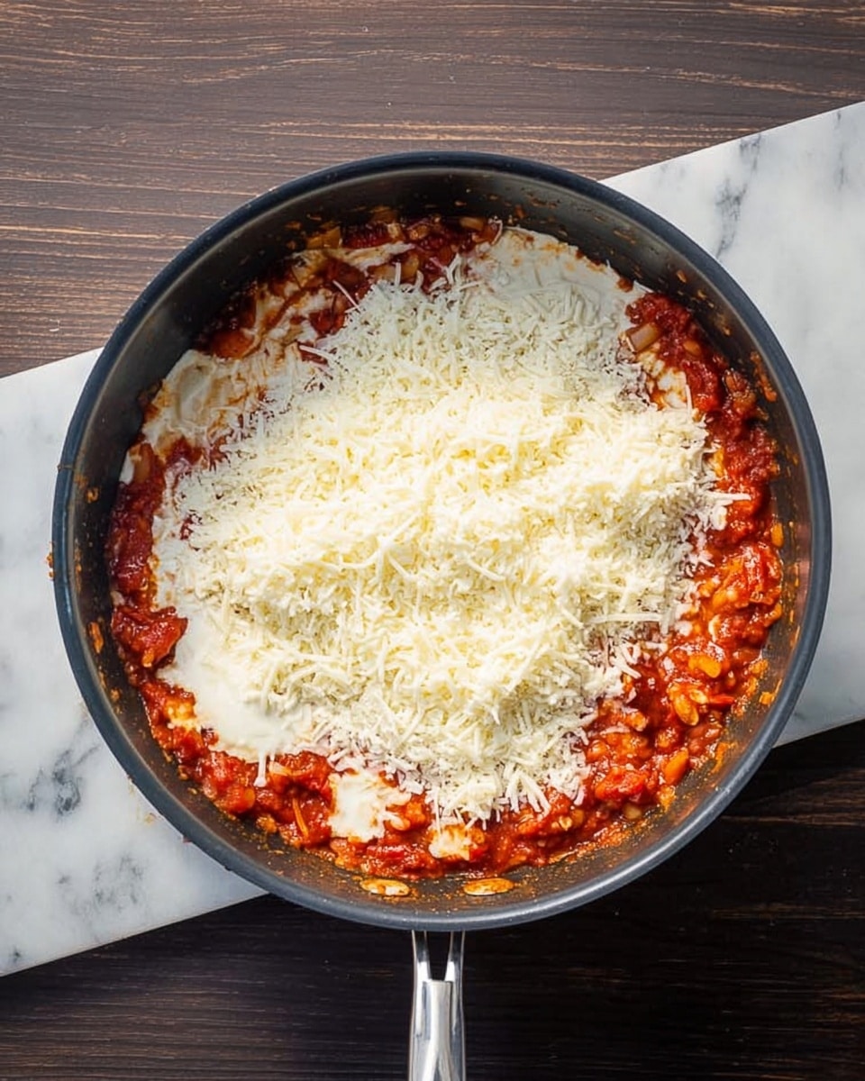 A black pan filled with three layers visible from above: the bottom layer is a chunky red tomato sauce mixed with small pieces of onion spread unevenly, the middle layer is a thick, creamy white sauce partially covering the tomato sauce in the center and edges, and the top layer is a pile of finely shredded white cheese placed in the middle of the pan. The pan has a silver handle and is placed on a white marbled surface. photo taken with an iphone --ar 4:5 --v 7