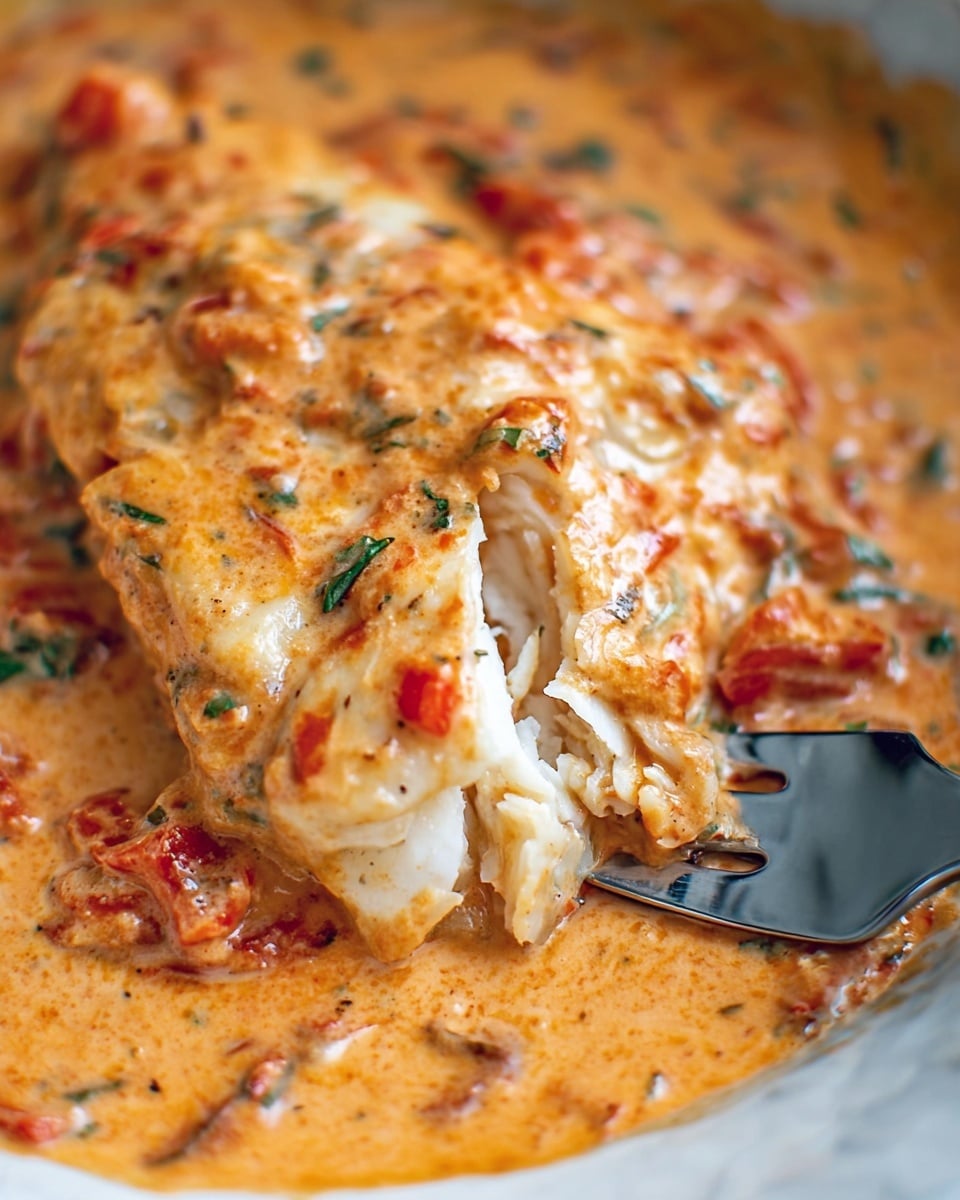 The image shows a close-up of a creamy orange sauce with visible chunks of red and green herbs spread thickly over what looks like a soft white fish. The fish is firm and flaky, with parts broken apart by a shiny silver fork placed at the bottom right of the image. The sauce has a smooth, rich texture with small bits of tomato and flecks of seasoning throughout, creating a vibrant, colorful top layer. The background is a white marbled texture. photo taken with an iphone --ar 4:5 --v 7