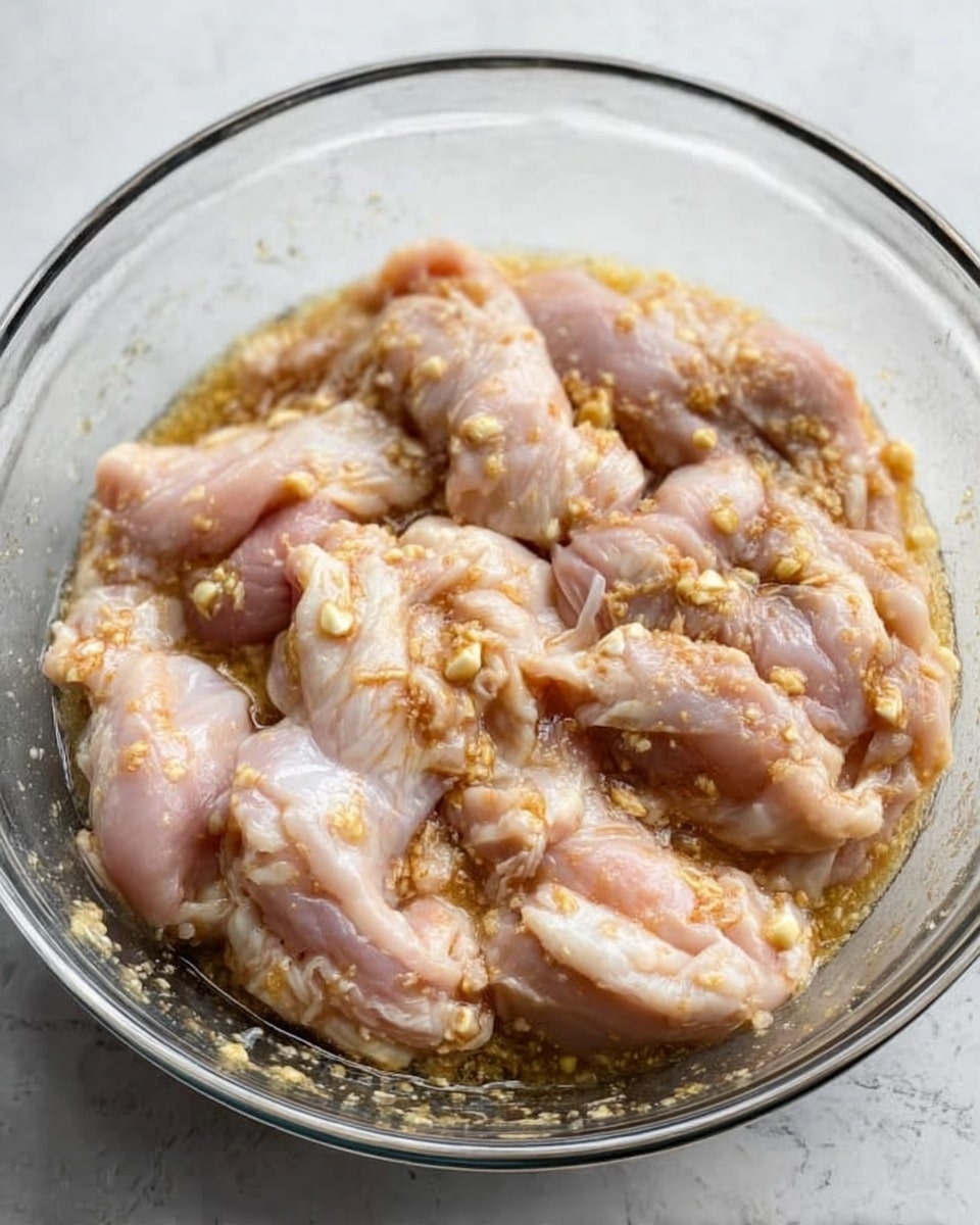 A clear glass bowl filled with raw chicken pieces that are pale pink in color, soaked in a light tan marinade with visible bits of crushed garlic spread throughout. The chicken pieces are layered loosely and partially submerged in the marinade, showing a slightly wet texture. The bowl rests on a white marbled surface. Photo taken with an iphone --ar 4:5 --v 7