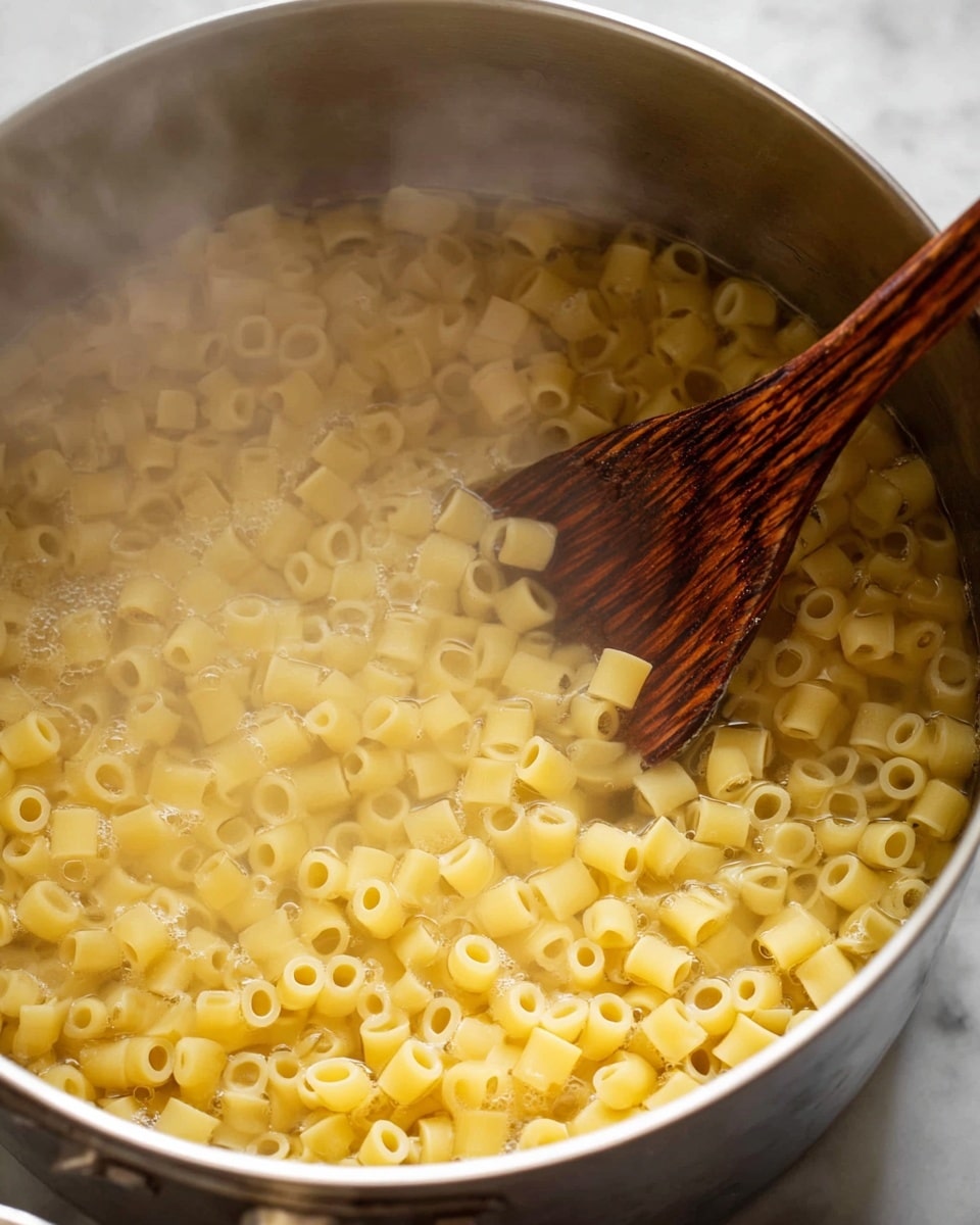 A close-up view inside a large stainless steel pot filled with light yellow ditalini pasta pieces cooking in clear boiling water, with steam rising softly above. A wooden spoon with dark and light brown tones is partially submerged on the right side, gently moving the pasta in the water. The small tube-shaped pasta pieces are uniform in size and scattered evenly throughout the pot. The scene is set against a white marbled texture background. photo taken with an iphone --ar 4:5 --v 7