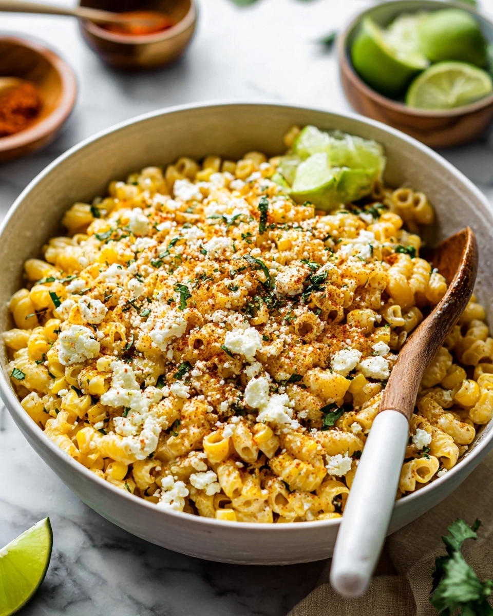 A white bowl filled with creamy Mexican street corn pasta, made of small tubular pasta mixed with yellow corn kernels and topped with crumbled white cheese and green herbs. The dish has a light red spice sprinkled on top and a few green lime wedges placed inside the bowl. A wooden spoon with a white handle is resting on the right side inside the bowl. The bowl is placed on a white marbled surface with blurred bowls of sauce and lime wedges in the background. Photo taken with an iphone --ar 4:5 --v 7