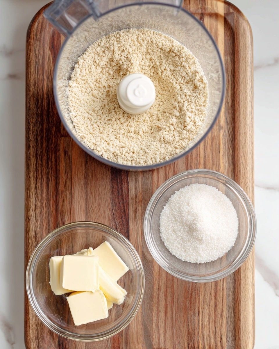 The image shows three clear glass bowls and one transparent food processor bowl on a wooden cutting board placed on a white marbled surface. The food processor bowl is filled with finely ground oats or oat flour, light beige in color with a slightly coarse texture. Below it, there are two smaller glass bowls; the one on the left contains pale yellow softened butter, in two small pieces, smooth and creamy looking, while the bowl on the right holds a heap of fine white granulated sugar with a slightly shiny texture. The scene is lit softly, showing the natural colors and textures clearly with a top-down view. photo taken with an iphone --ar 4:5 --v 7