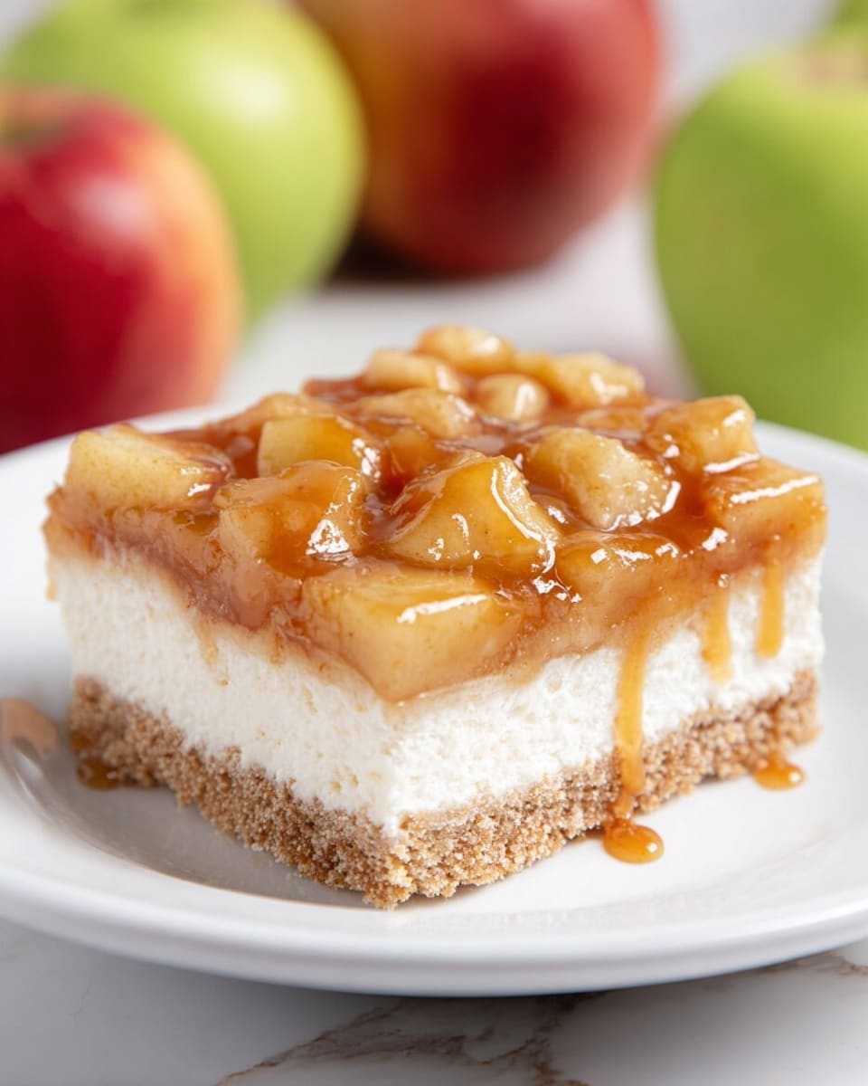 A square dessert bar sits on a white plate with a crumbly light brown base as the bottom layer, followed by a thick, creamy white middle layer. The top layer is made of soft, chunky apple pieces covered in a glossy, light brown caramel-like sauce that slightly drips down the sides. The white marbled surface underneath the plate adds a clean look, with blurred green and red apples in the background. Photo taken with an iphone --ar 4:5 --v 7
