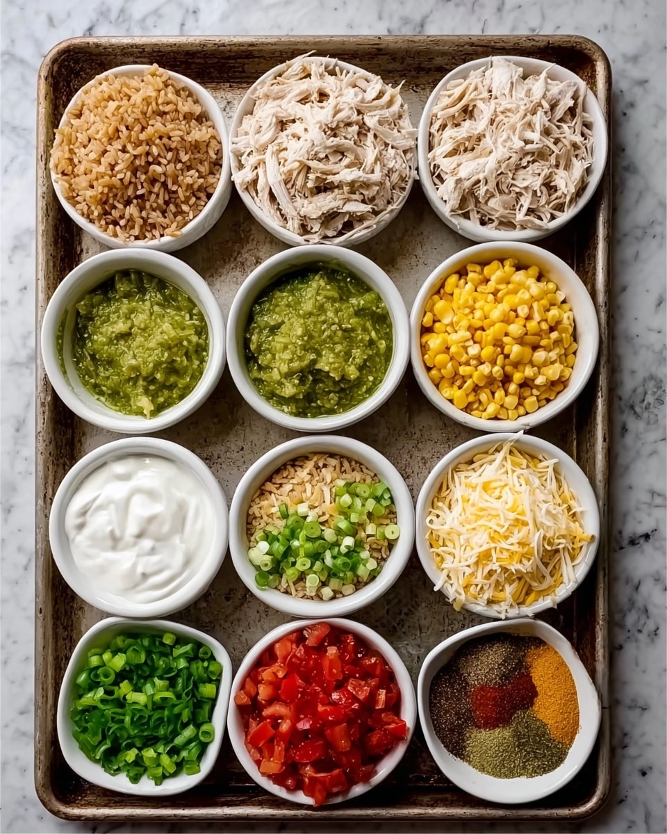 The image shows a large rectangular baking tray with ten small white bowls arranged in a neat grid. The top row has two bowls filled with brown rice on the left and shredded light beige chicken on the right. Below them, there are three bowls: green salsa on the left, green cooked peppers in the middle, and yellow cooked corn on the right. The next row has three bowls too: chopped green onions on the left, white sour cream in the center, and a mix of shredded yellow and white cheese on the right. The bottom row contains three bowls; bright red diced tomatoes with spices are on the left, and the last bowl contains a mix of several ground spices in shades of brown, green, and red. The tray rests on a white marbled surface photo taken with an iphone --ar 4:5 --v 7