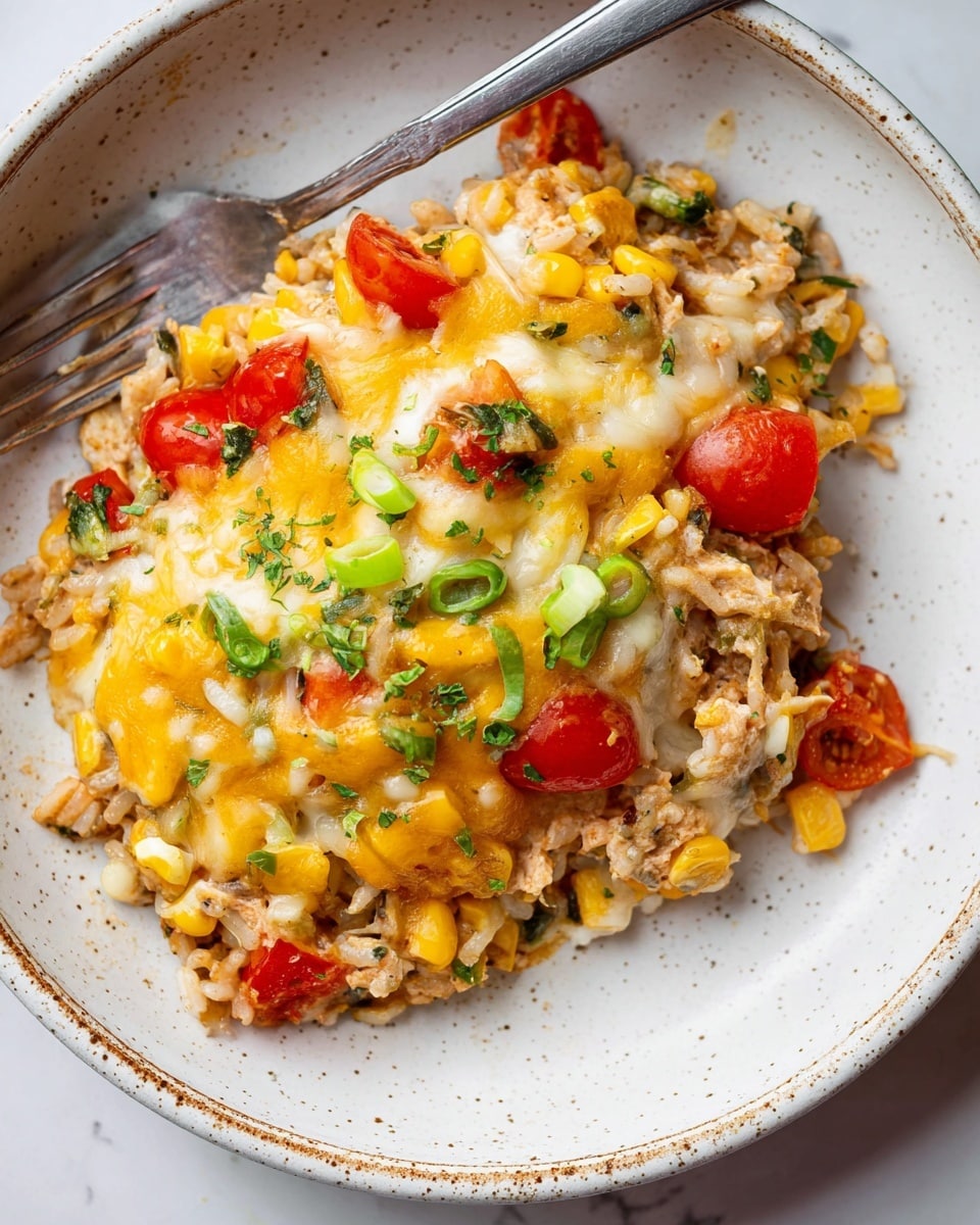 The dish is served on a white plate with speckled details, placed on a white marbled surface. It has several layers starting with a base of cooked rice mixed with small bits of vegetables, showing a soft and slightly grainy texture in light brown and beige tones. On top of this is a melted cheese layer in bright yellow and white, stretched and gooey in texture. Scattered throughout are pieces of yellow corn, chopped green onions in light green rings, and sliced red cherry tomatoes halved and whole, adding bright pops of color. Small green herb bits are sprinkled on top, giving a fresh look. A metal fork is partially placed under the food on the left side. The whole dish looks hearty and colorful with a mix of soft, melted, and fresh textures. photo taken with an iphone --ar 4:5 --v 7