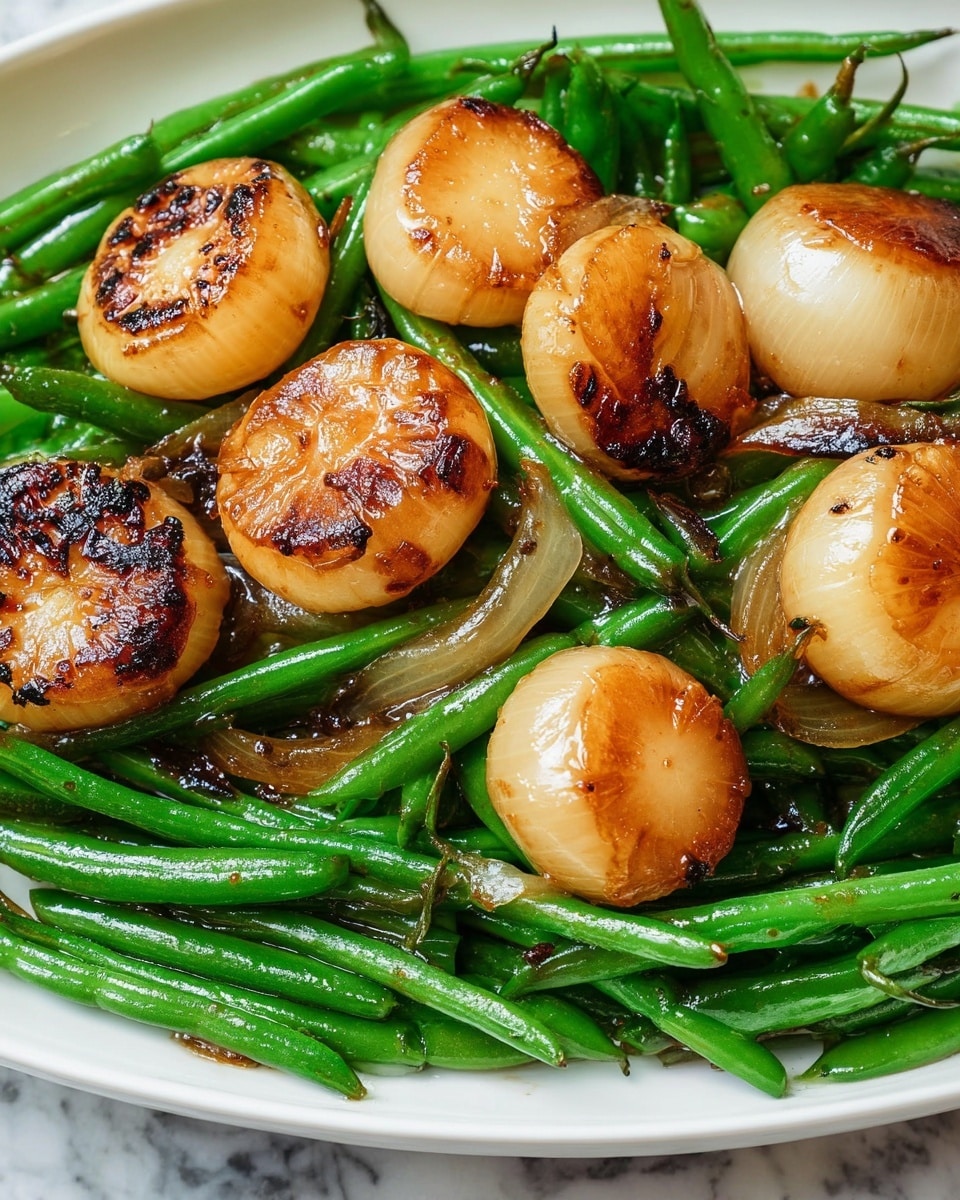 The dish shows a base layer of bright green, smooth-textured green beans, arranged closely side by side and forming a thick bed. On top of this green bean layer, there are several round, caramel-browned onions with a shiny, slightly translucent texture, some showing a golden char with grill marks. The onions are placed unevenly, scattered over the green beans creating a contrast of colors with their warm orange-brown tones standing out against the green. The dish rests on a white plate, all set on a white marbled surface. photo taken with an iphone --ar 4:5 --v 7