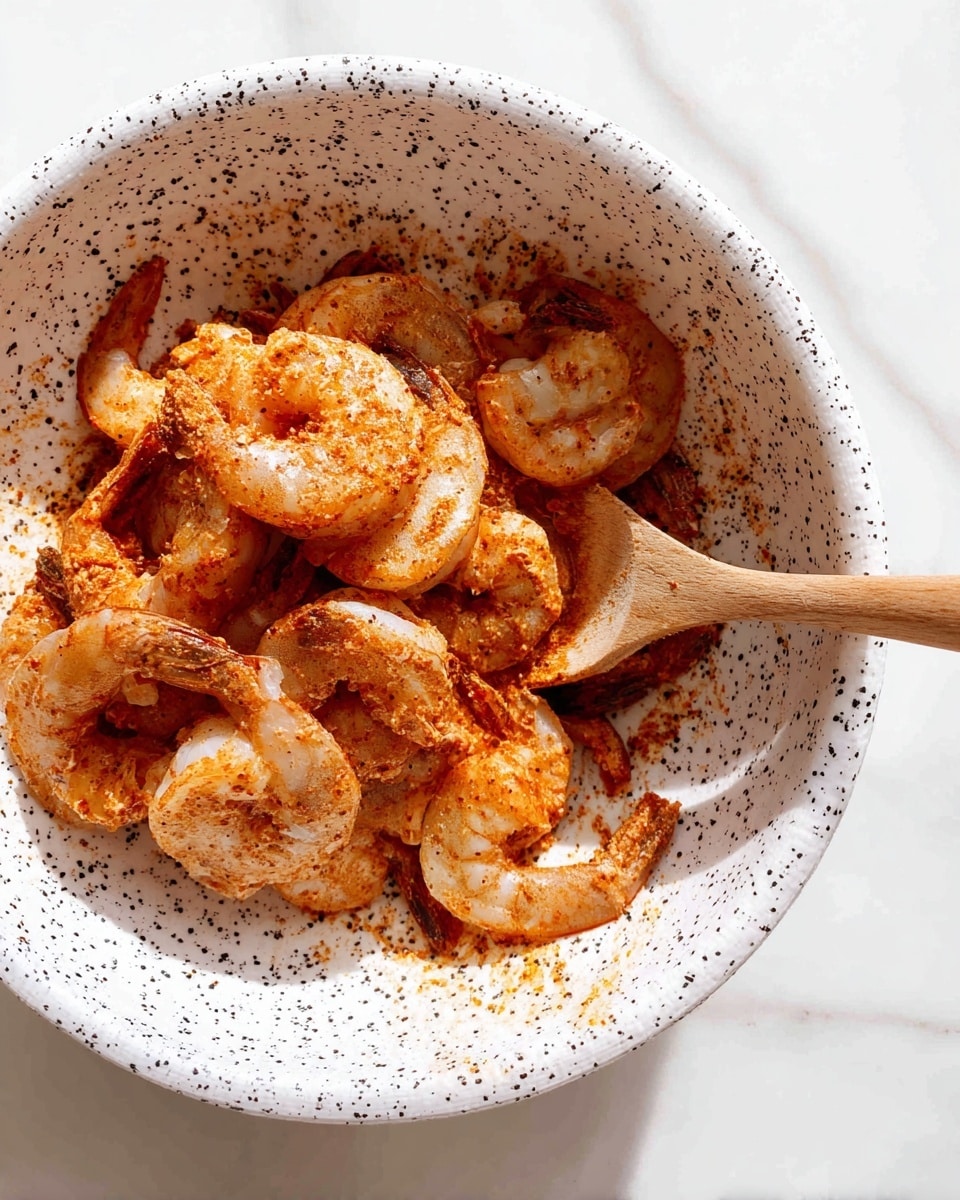 A white bowl with black speckles holds a layer of raw shrimp coated in a reddish-orange spice mix. The shrimp are medium-sized, curled, and semi-transparent with visible shells. The spice coating is thick and uneven, giving the shrimp a textured look with some parts more heavily covered than others. A wooden spoon with a smooth surface rests inside the bowl, partially covered by the shrimp. The background is a white marbled surface with faint veins, and bright natural light casts soft shadows on the bowl and shrimp. photo taken with an iphone --ar 4:5 --v 7