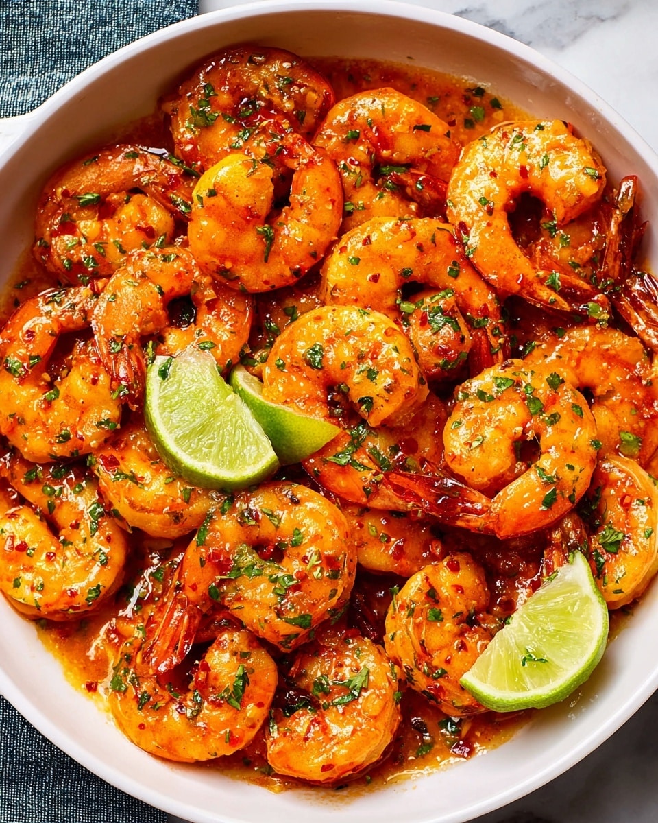The dish shows a bowl full of cooked shrimp, all bright orange with a shiny sauce coating them. The shrimp are mixed with chopped green herbs sprinkled evenly on top. There are a few thin lime slices placed on the shrimp, adding a touch of green and light yellow color. The bowl is white, and it sits on a white marbled surface. The shrimp look juicy and slightly spicy with visible small red chili flakes in the sauce photo taken with an iphone --ar 4:5 --v 7