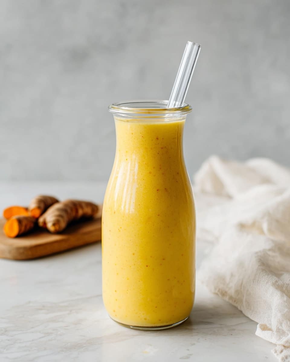 A clear glass bottle filled with a thick yellow smoothie with small brown specks inside, a clear glass straw inserted at the top, all set on a white marbled textured surface. In the background on the left, there is a wooden board with two pieces of fresh turmeric roots, and on the right side, a crumpled white cloth is partly visible. The photo is bright with soft natural light. photo taken with an iphone --ar 4:5 --v 7