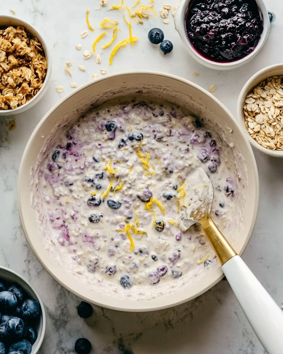A large white bowl filled with a creamy mixture that has visible layers of small oats and whole blueberries, giving the content a chunky texture with purple and blue specks mixed in the light base. Thin strands of bright yellow lemon zest are scattered on the surface, adding a pop of color. Inside the bowl, a white spatula with a gold handle rests angled slightly to the right. Around the main bowl, there are smaller white bowls containing granola, dark blueberry jam, and fresh blueberries placed on a white marbled surface, where a few loose blueberries and granola pieces are scattered nearby. Photo taken with an iphone --ar 4:5 --v 7