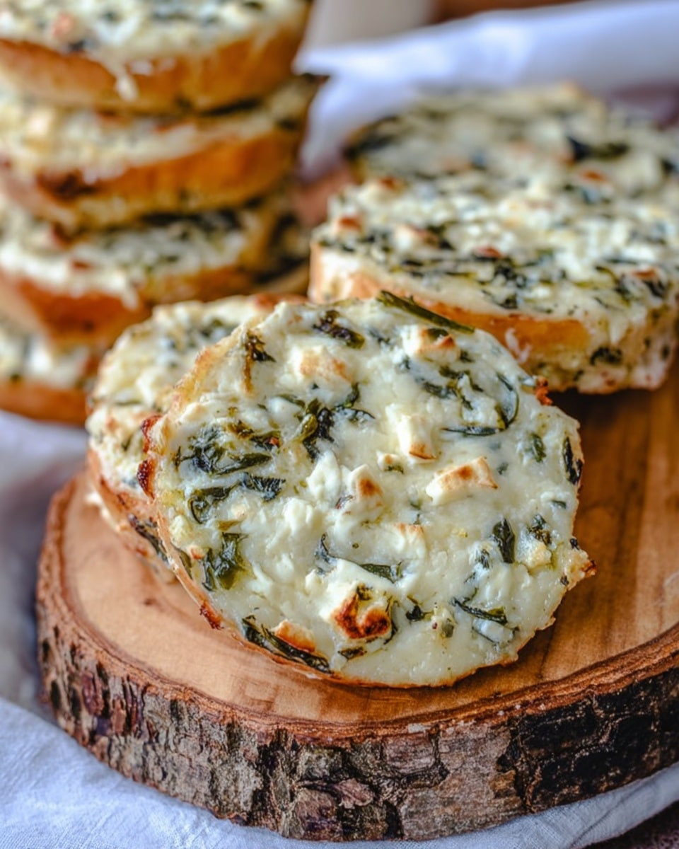 The image shows a close-up view of small round bread pieces layered with a creamy, light beige topping mixed with green leafy herbs and light browned spots across the surface, giving a slightly toasted look. The bread is arranged in a stack towards the back and in front on a wooden, round board with bark on the edges. The texture of the topping looks smooth with some small chunks mixed in, and the edges of the bread are golden brown. The background is softly blurred with a white cloth visible. photo taken with an iphone --ar 4:5 --v 7