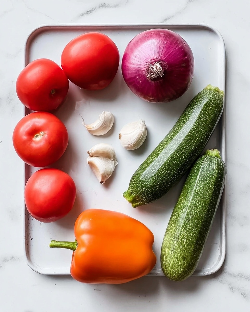 The image shows a white tray on a white marbled surface with seven fresh vegetables spread out. On the left side, there are four red tomatoes, arranged loosely in two rows, with smooth and shiny skin. In the center, a cluster of three white garlic cloves is placed near the tomatoes. To the right of the garlic, there are two green zucchinis lying parallel, with a fresh, slightly glossy texture. Above the zucchinis is a large round purple onion with some peeling on the skin. Below the zucchinis, near the bottom right corner, sits a single orange bell pepper with a visible green stem. The overall scene is bright and clean, highlighting the natural colors and textures of each vegetable. Photo taken with an iphone --ar 4:5 --v 7