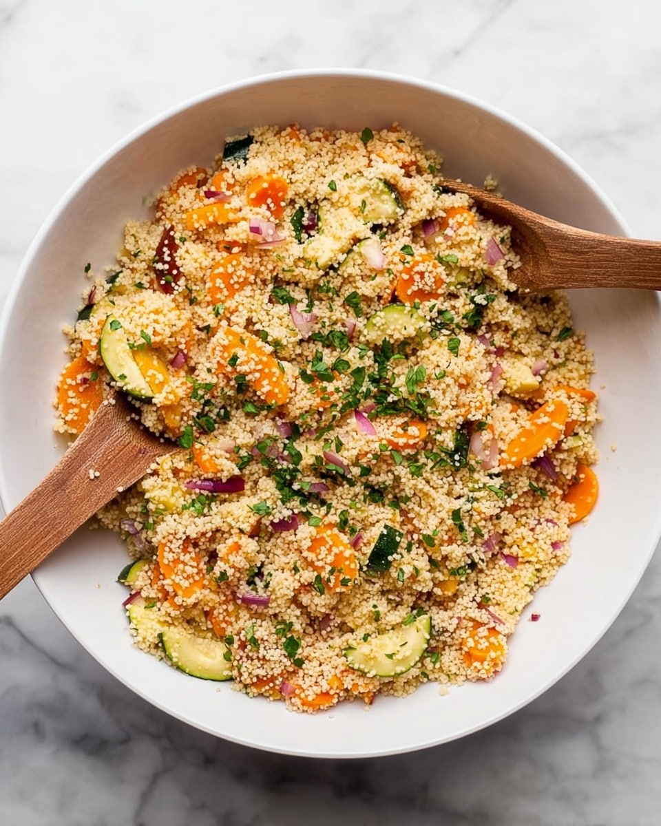 A white bowl filled with a mix of small, light tan couscous grains combined with pieces of orange carrot slices, green zucchini slices, and small bits of red onion. The couscous mixture is sprinkled with green chopped herbs, adding a fresh touch in color and texture. Two wooden spoons rest in the bowl on opposite sides, partially submerged in the couscous. The bowl is placed on a white marbled surface. photo taken with an iphone --ar 4:5 --v 7