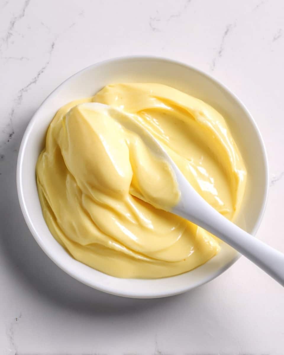 A white plate holds a smooth, creamy yellow sauce with a shiny surface, softly folded and spread across the plate in one main layer with gentle swirls. A white spoon rests in the sauce, partially covered by the thick texture. The background is a white marbled surface. photo taken with an iphone --ar 4:5 --v 7