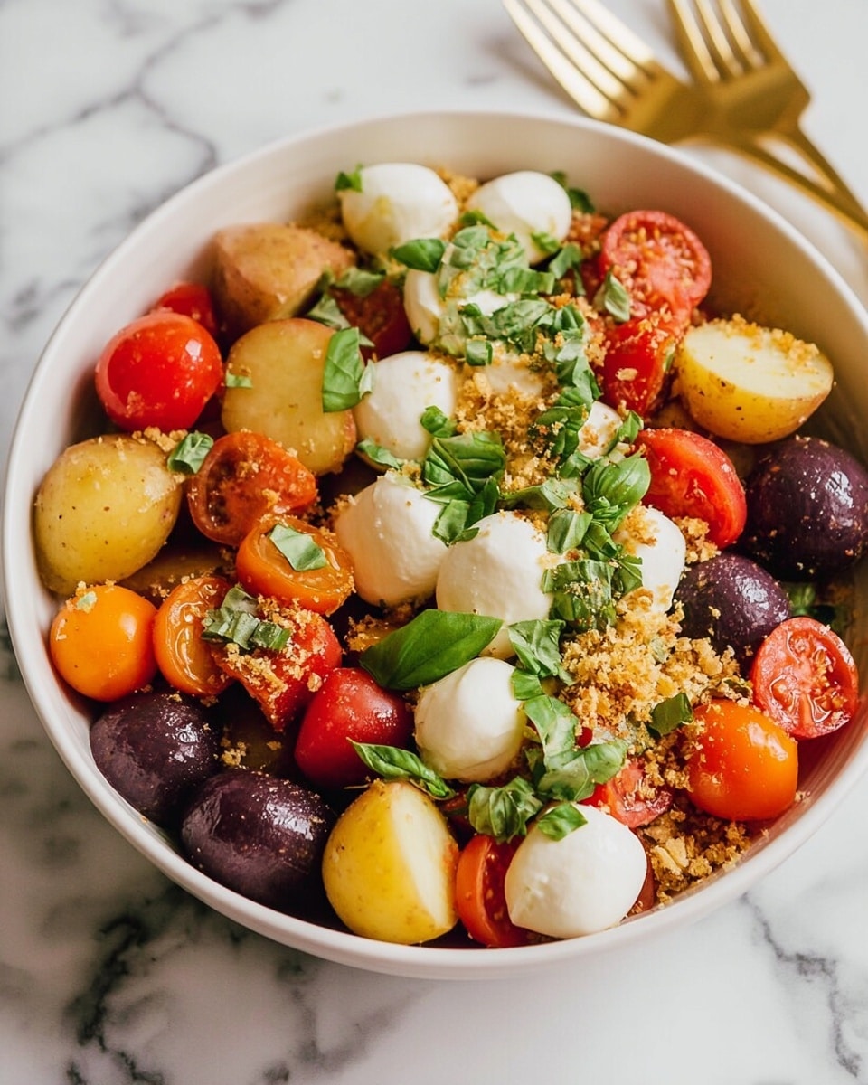 A white bowl filled with a colorful salad placed on a white marbled surface. The salad has several layers: the bottom layer has small boiled potatoes in yellow, purple, and red colors with a soft texture. Scattered among the potatoes are halved red and orange cherry tomatoes, adding bright pops of color. On top, there are many round white mozzarella balls with a smooth texture. The salad is sprinkled with chopped fresh green basil leaves and a light layer of golden crunchy breadcrumbs. In the background, two gold forks are partially visible. photo taken with an iphone --ar 4:5 --v 7