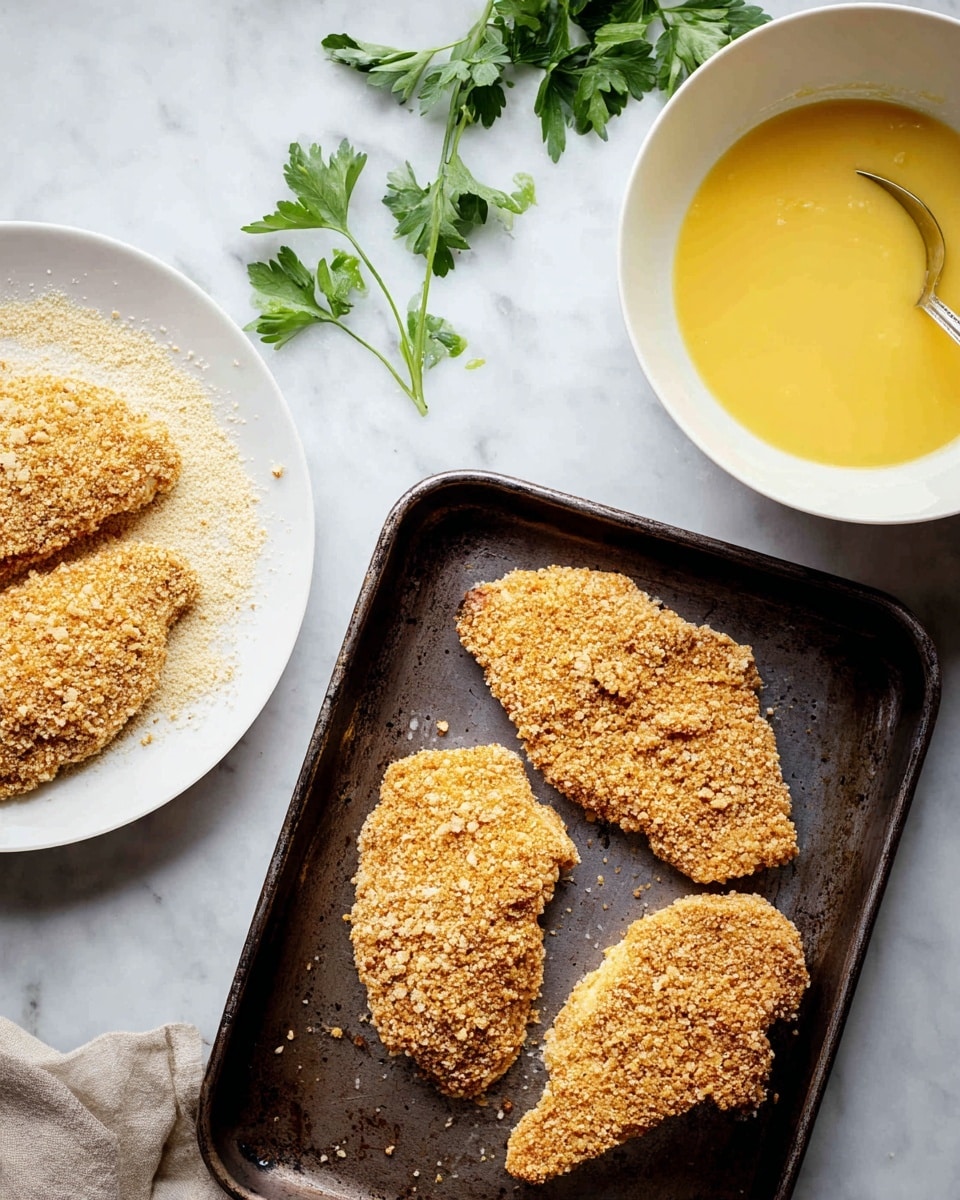 The image shows three pieces of breaded food with a rough, light brown texture and some small white crumbs, placed on a dark metal tray on a white marbled surface. To the left, there is a white plate holding two more of the same breaded pieces resting on a layer of dry breading crumbs. Above it, there is a white bowl filled with a yellow beaten egg mixture. Some green parsley leaves are scattered on the white marbled surface above the tray. Photo taken with an iphone --ar 4:5 --v 7