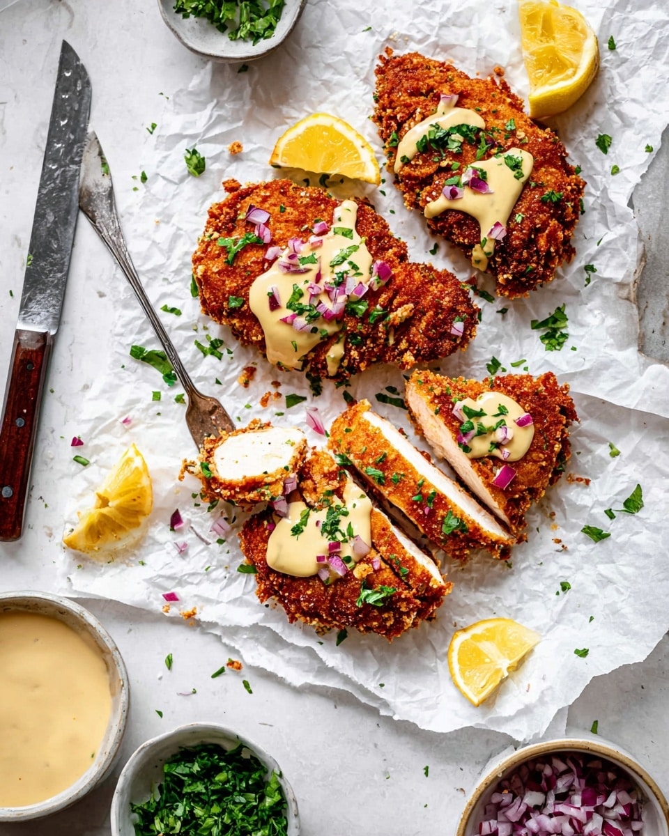 Four pieces of crispy golden brown fried chicken are placed on crumpled white parchment paper over a white marbled surface. The chicken pieces are drizzled with a pale creamy sauce and topped with small bits of chopped red onion and green herbs. A piece of chicken is cut into thick slices showing tender white meat inside, with a silver fork resting next to it. Around the chicken are lemon wedges and scattered fresh green parsley leaves. Small white bowls filled with chopped red onions and green herbs, along with a bowl of creamy sauce with a spoon, are arranged nearby. A knife with a dark wooden handle lies behind the chicken. Photo taken with an iphone --ar 4:5 --v 7