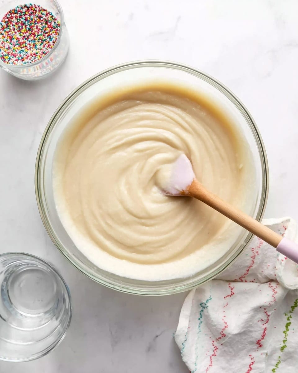 A transparent glass bowl sits on a white marbled surface, filled with a creamy, light beige batter that has a smooth, thick texture. A wooden spoon with a pale pink handle is stirring the batter, creating swirls on the glossy surface. Around the bowl, there is a clear measuring cup partially filled with water and a white cloth with colorful sprinkles pattern casually placed nearby. The whole scene is bright and clean, highlighting the batter in the bowl. photo taken with an iphone --ar 4:5 --v 7
