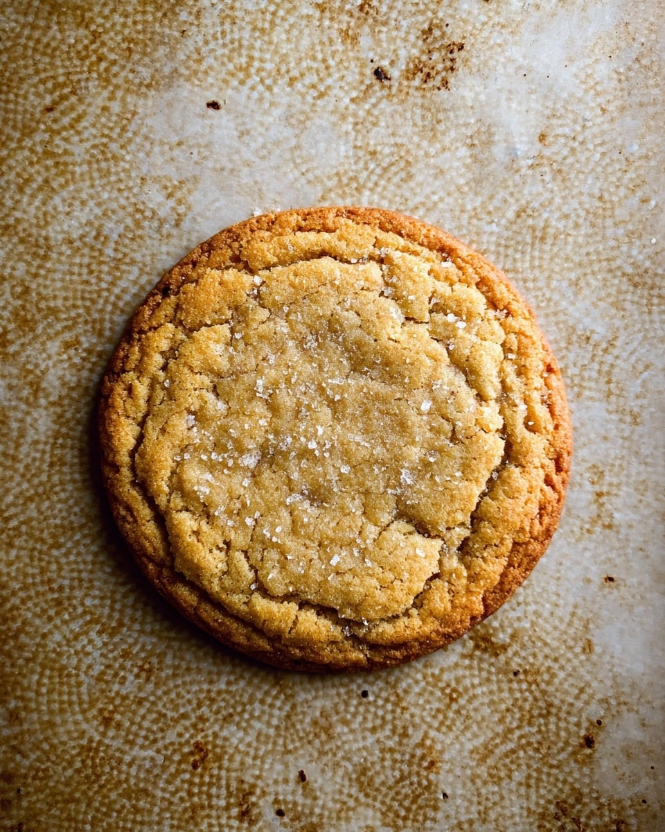 A single round cookie with a golden brown color and a slightly cracked surface sits centered on a textured baking sheet with light brown patterns. The cookie has an uneven texture with visible sugar crystals sprinkled on top. The baking sheet beneath shows some baked-on spots and darker areas, adding a rustic look. The background is a white marbled texture photo taken with an iphone --ar 4:5 --v 7