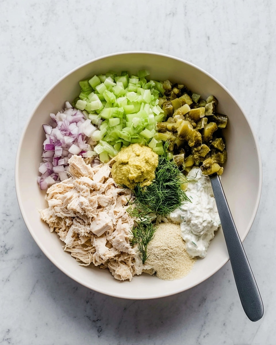 A white bowl sits on a white marbled surface, filled with seven separate layers of ingredients arranged in a rough circle. At the bottom left is a layer of light beige shredded chicken, topped with finely chopped pale purple shallots. Above this is a large section of finely chopped light green celery. To the right is a layer of diced dark green pickles with a dollop of yellow mustard on top. In the center are small piles of creamy off-white mayonnaise, pale yellow powder, and a white creamy substance, possibly sour cream, with green fresh dill on top. A dark gray spatula rests on the right side of the bowl on the same white marbled surface. photo taken with an iphone --ar 4:5 --v 7