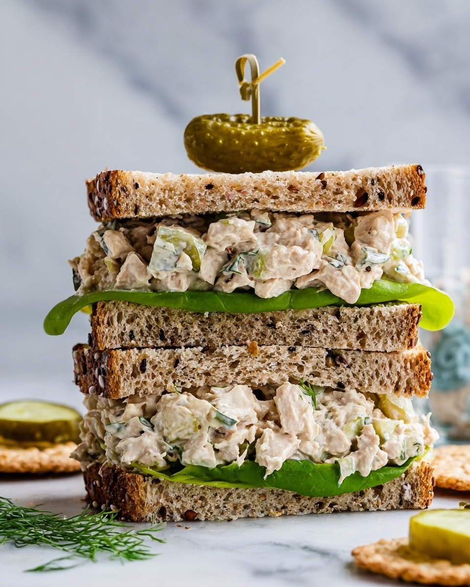 The image shows a tall sandwich with three layers of seeded whole grain bread that have a rough texture and small holes. Between the bottom and middle bread, there is a thick layer of chicken salad mixed with small pieces of celery, herbs, and mayonnaise, resting on a bright green leaf. Between the middle and top bread, there is another thick layer of the same creamy chicken salad with visible chunks and bits of green pickles. A small green pickle is placed on top, held with a toothpick. Around the sandwich on the white marbled surface, there are a few slices of pickles and some crackers. Photo taken with an iphone --ar 4:5 --v 7